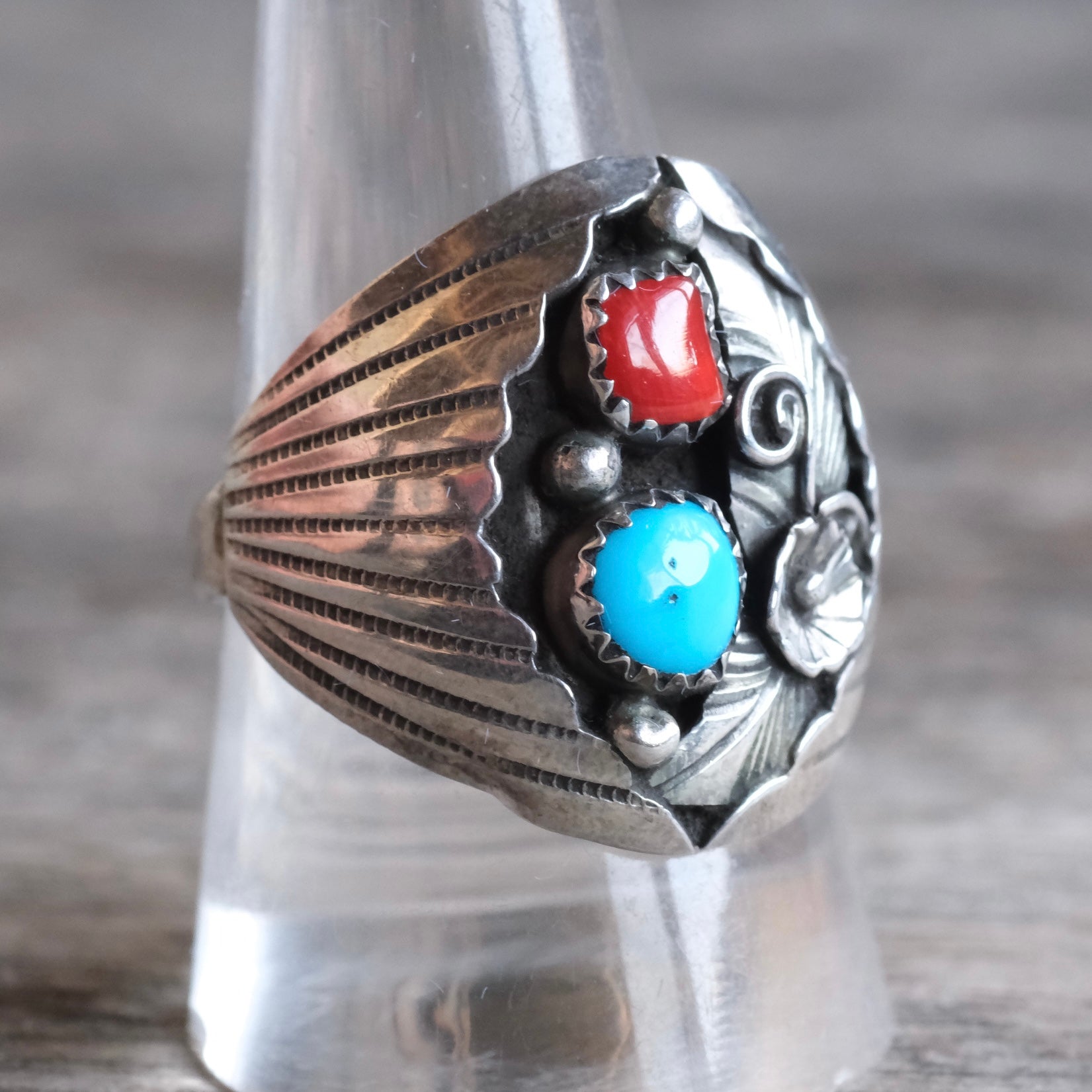 Vintage Sterling Turquoise and Coral Feather Ring 10.25