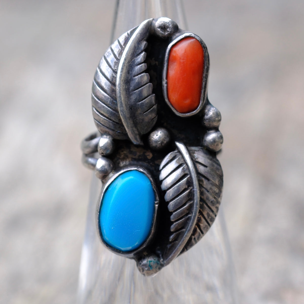 Vintage Sterling Turquoise and Coral Feather Ring 3.75