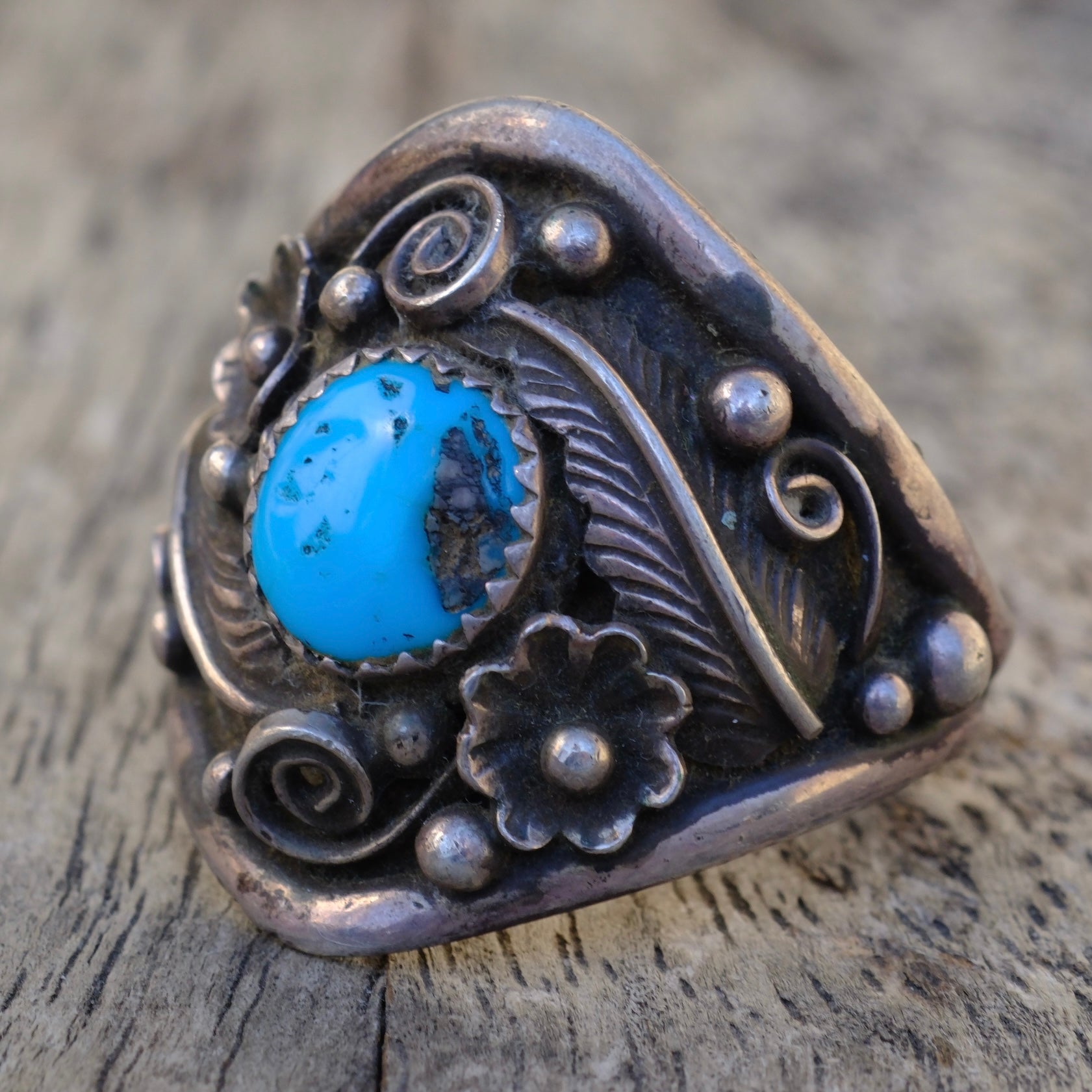 Vintage Sterling Turquoise Feather Ring 11.5