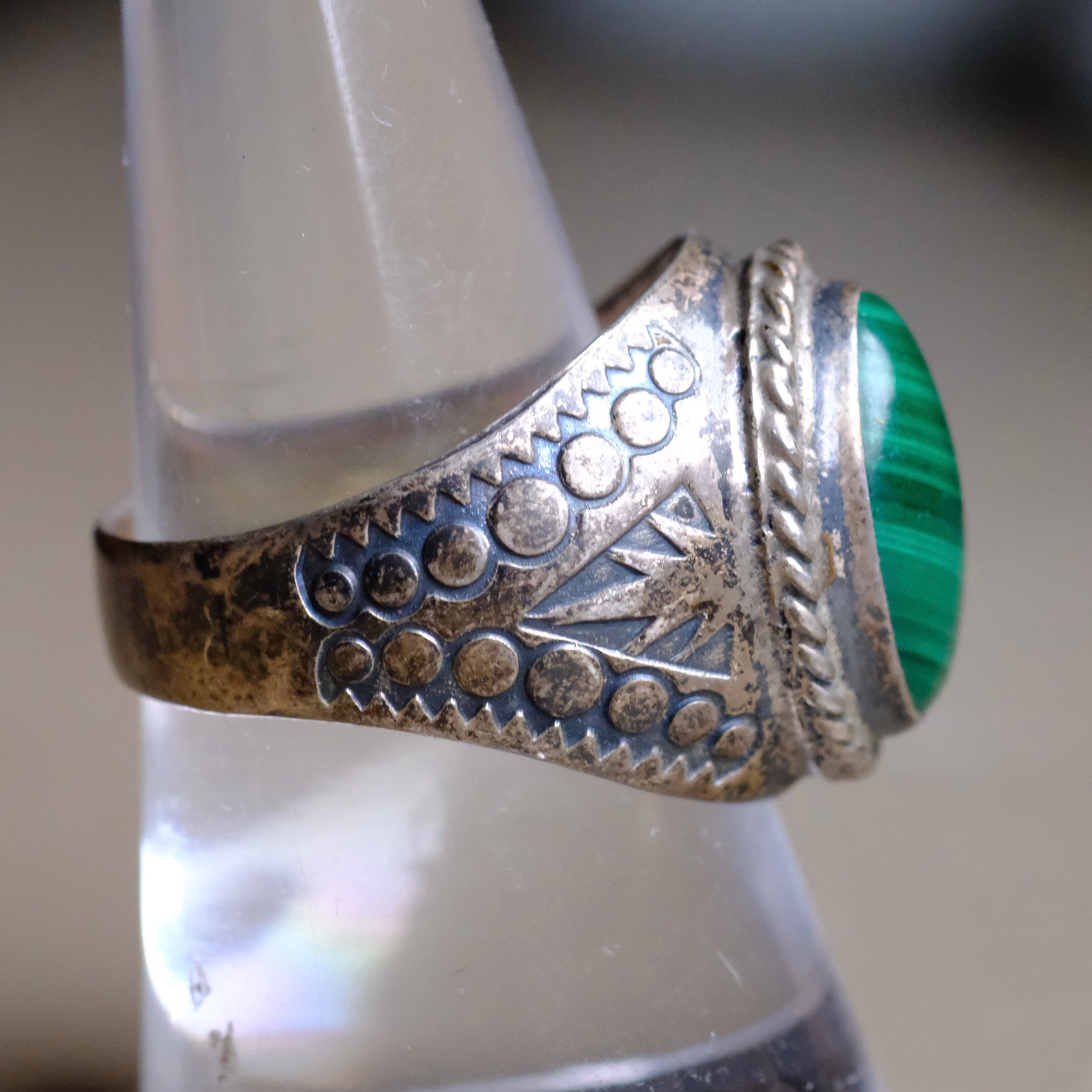 Vintage Sterling Malachite Stamped Band Ring 9