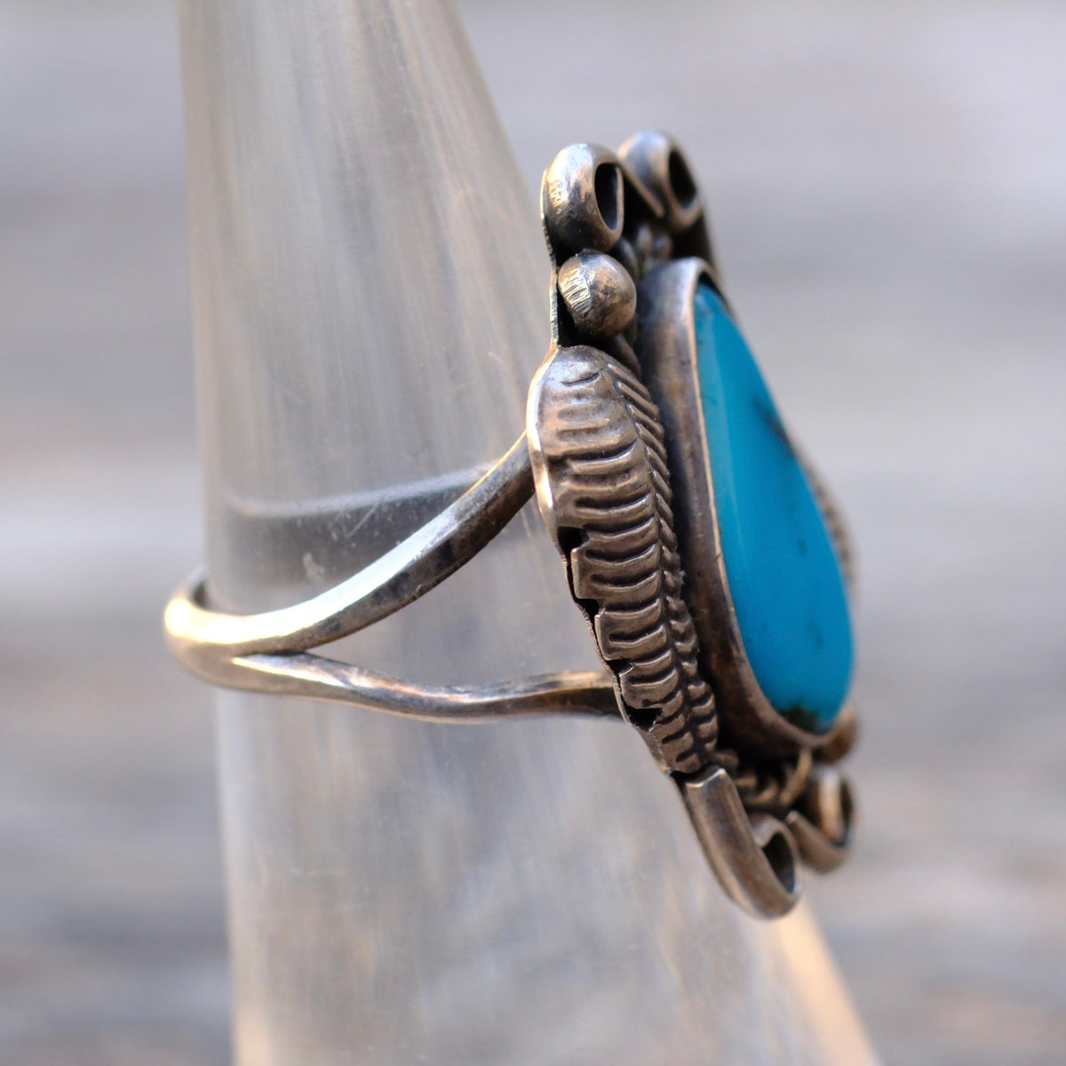 Vintage Sterling Turquoise Feather Ring 6