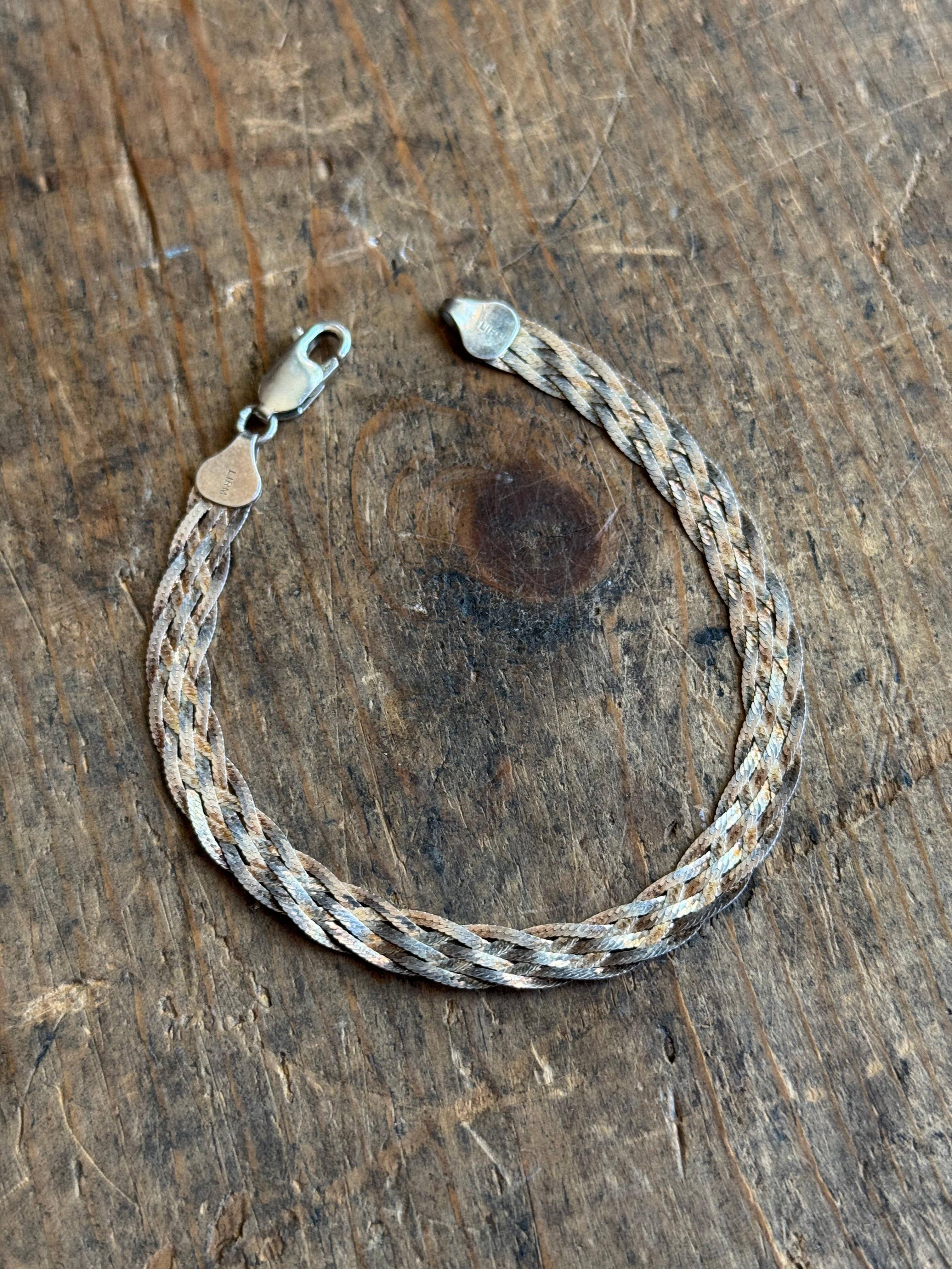 Vintage Sterling Silver Braided Herringbone Chain Bracelet 7.5"