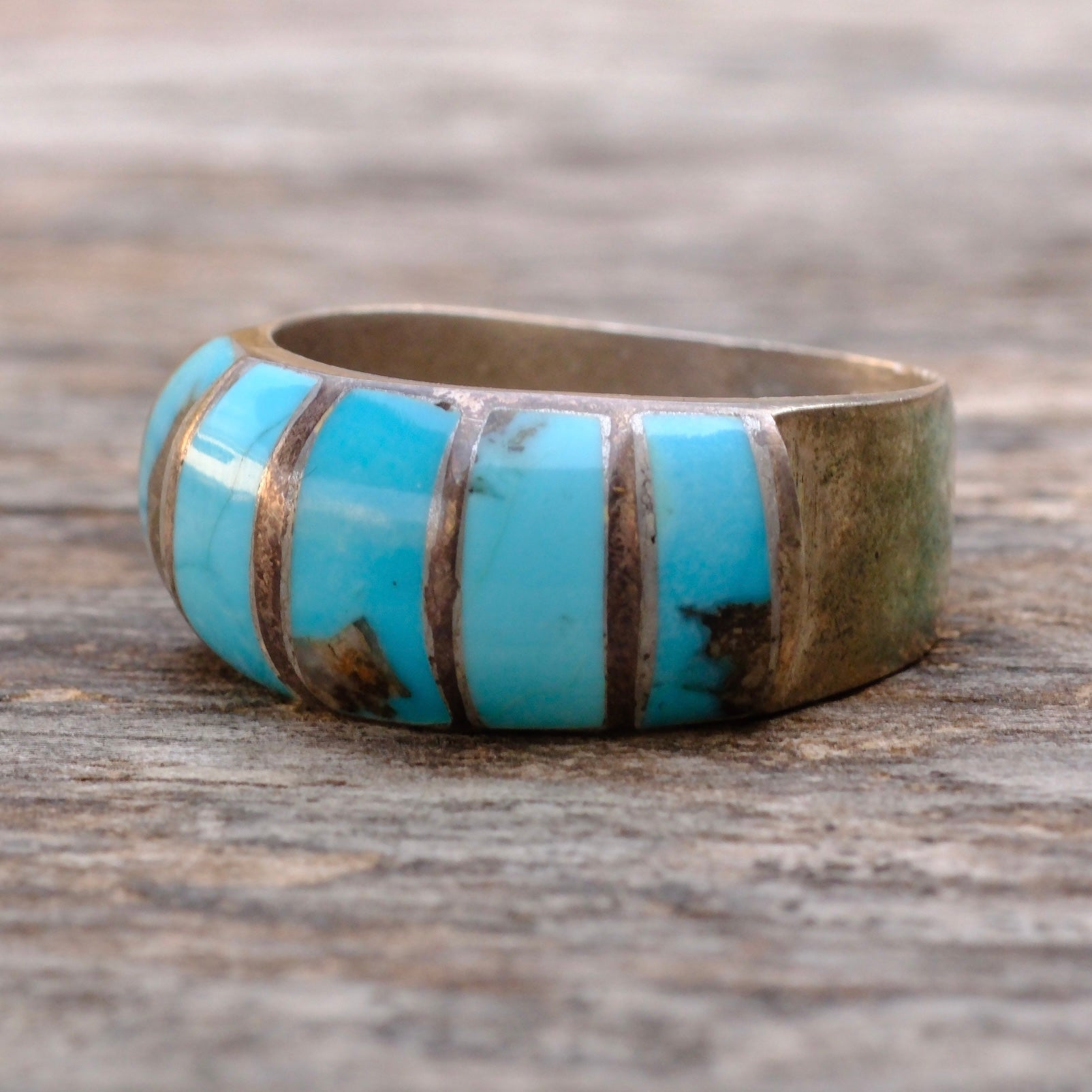 Vintage Sterling Turquoise Inlay Thick Band Ring 10.25