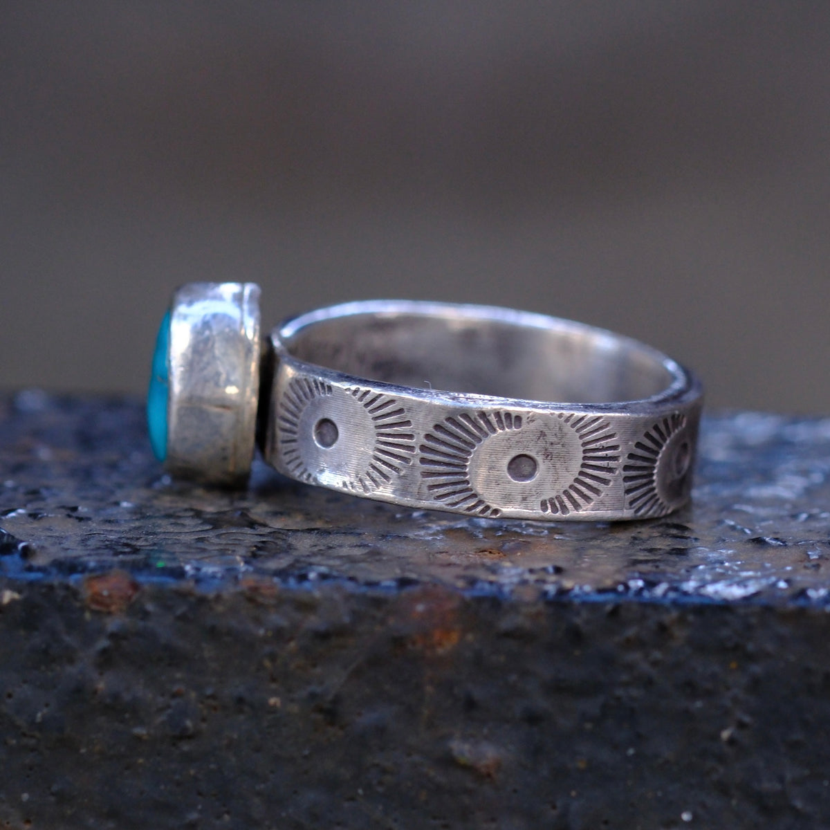 Sterling Silver Lone Mountain Turquoise Stamped Band Ring 6.5