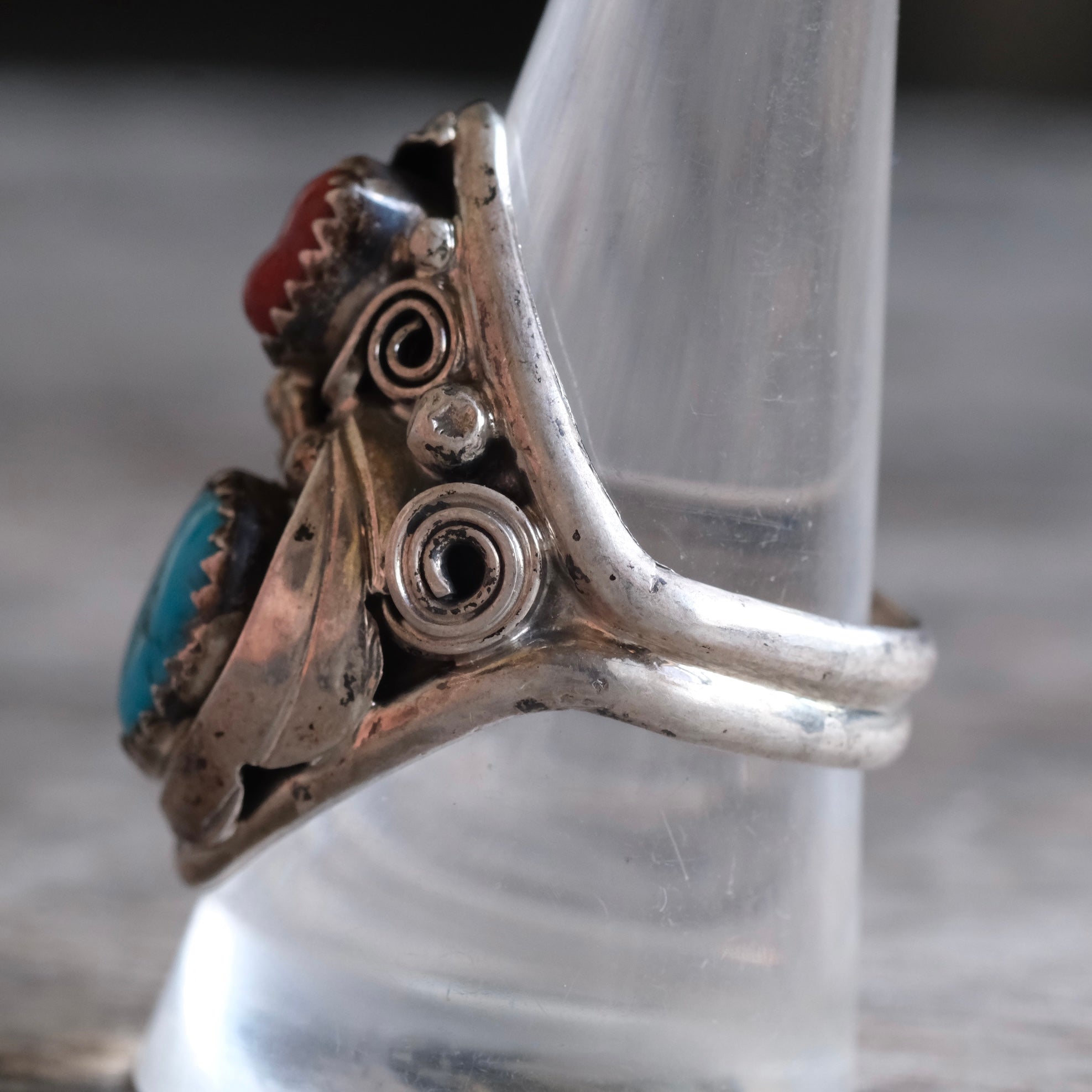 Vintage Sterling Turquoise and Coral Feather Ring 10.25