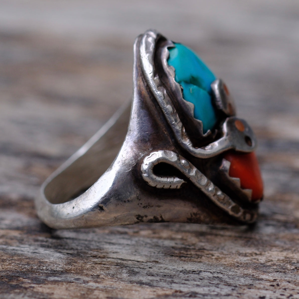 Vintage Effie C Sterling Turquoise and Coral Snake Ring 10