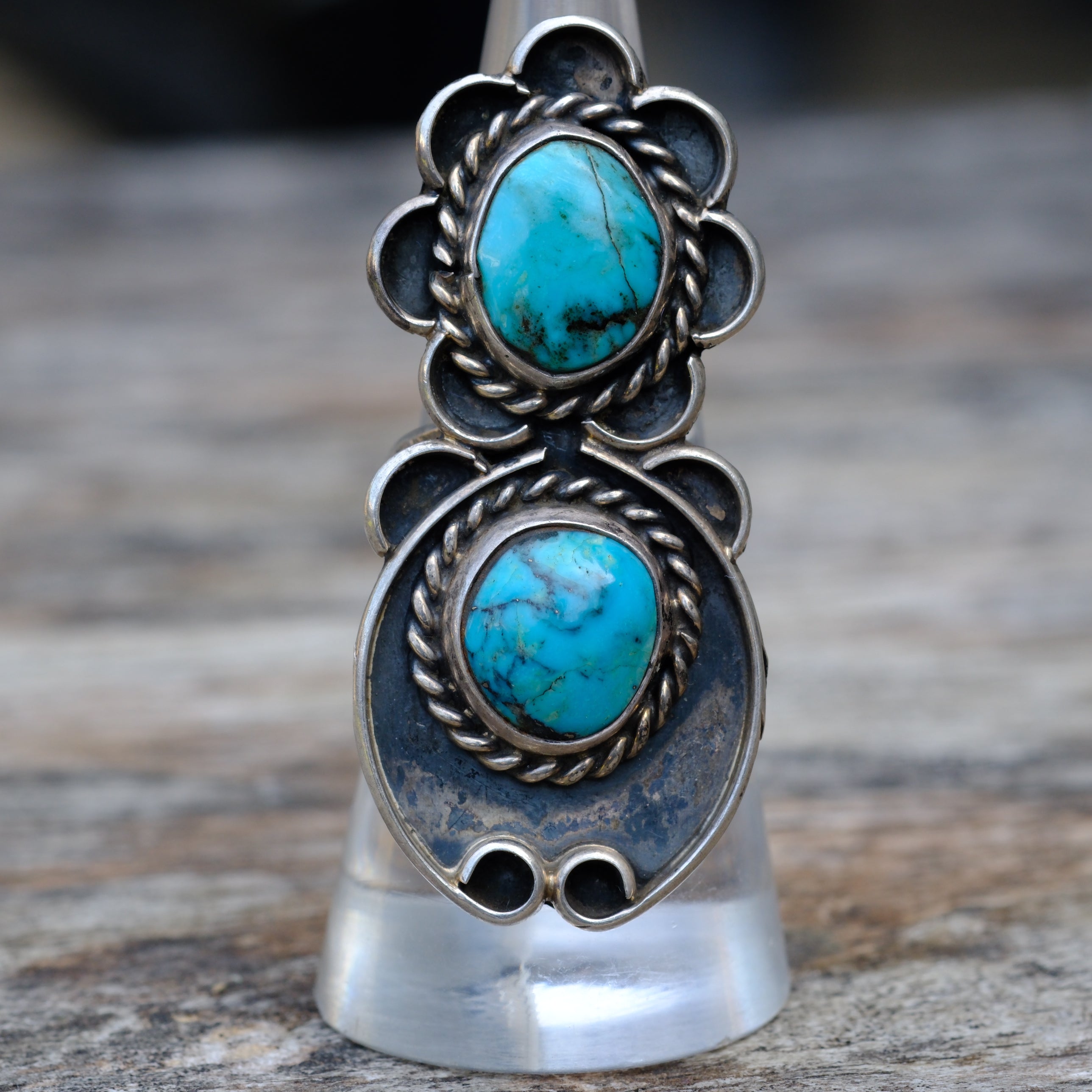Vintage Sterling 2- Stone Turquoise Ring 6.25