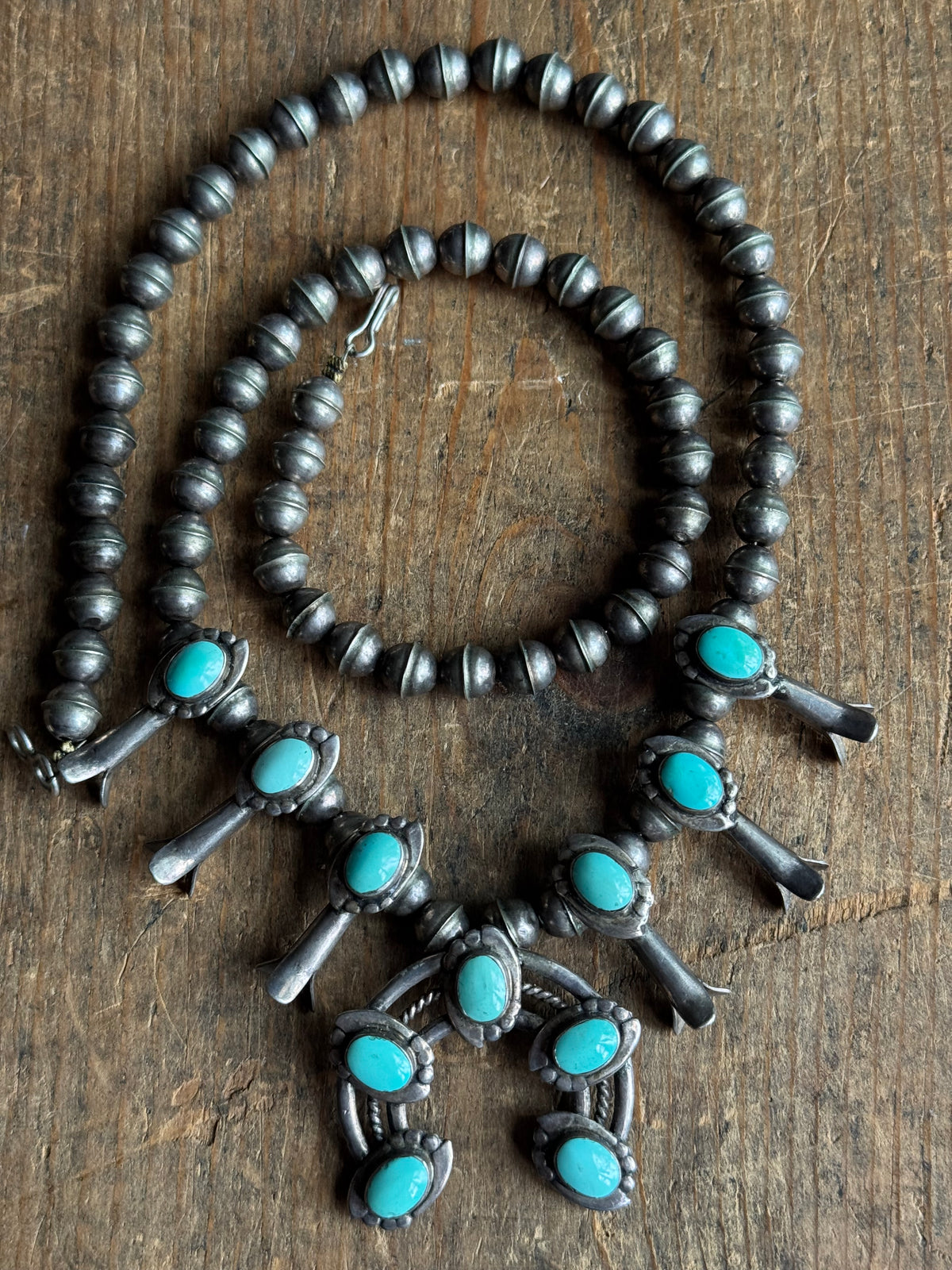 Vintage Sterling Silver Turquoise Squash Blossom Necklace