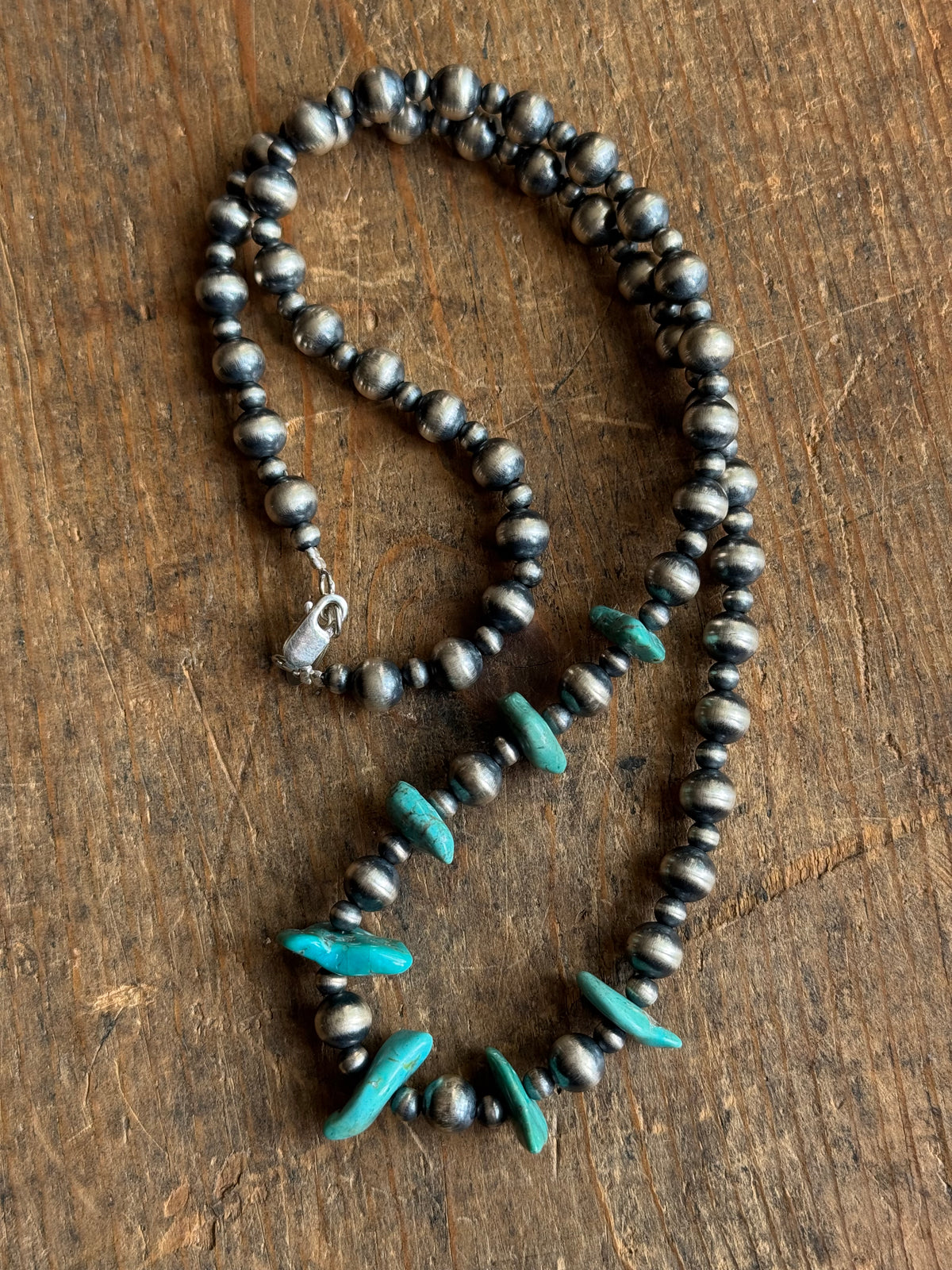 Vintage Raw Turquoise & Sterling Silver Pawn Bead Necklace