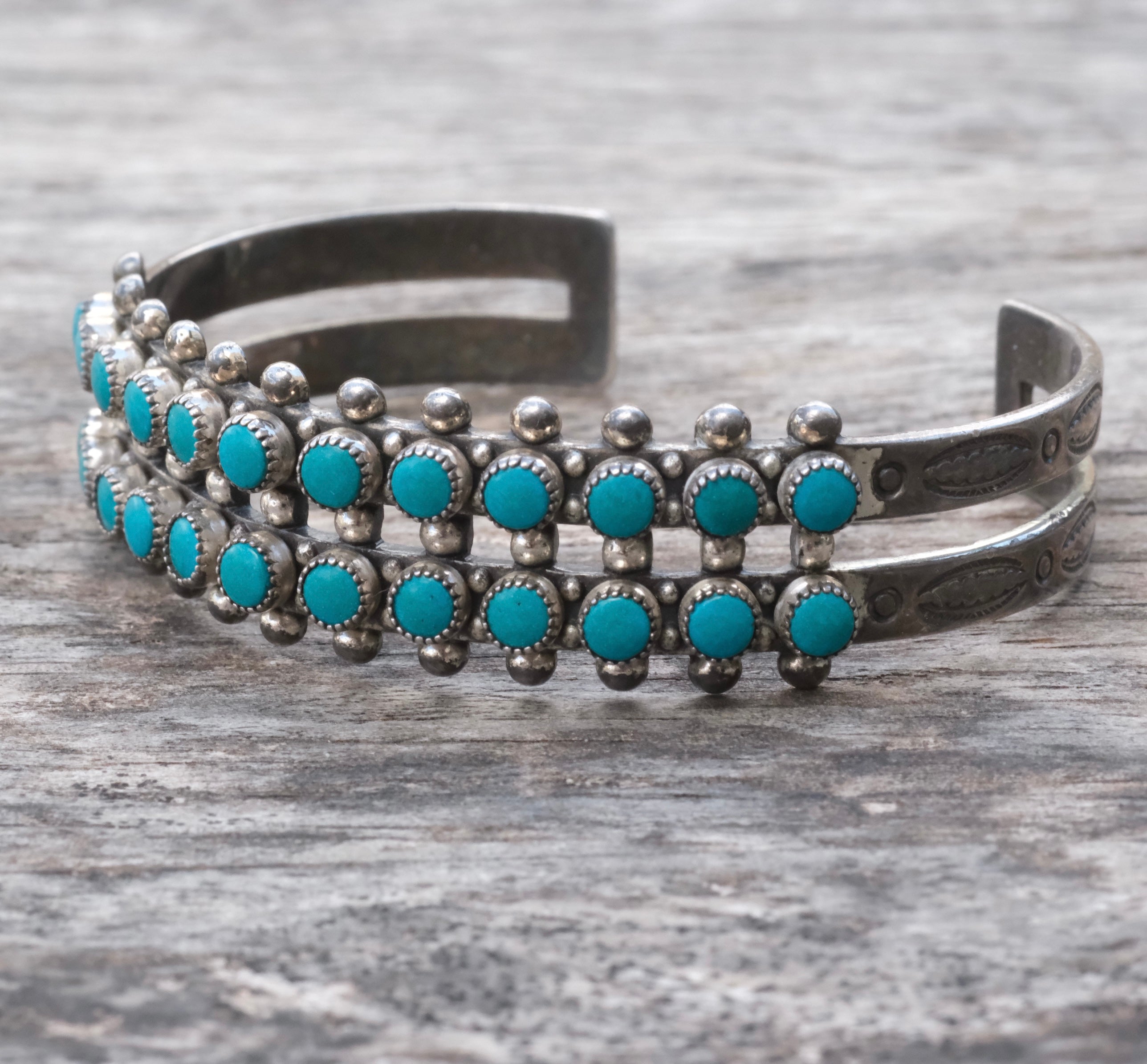 Vintage Sterling Double Row Snake Eye Turquoise Cuff Bracelet