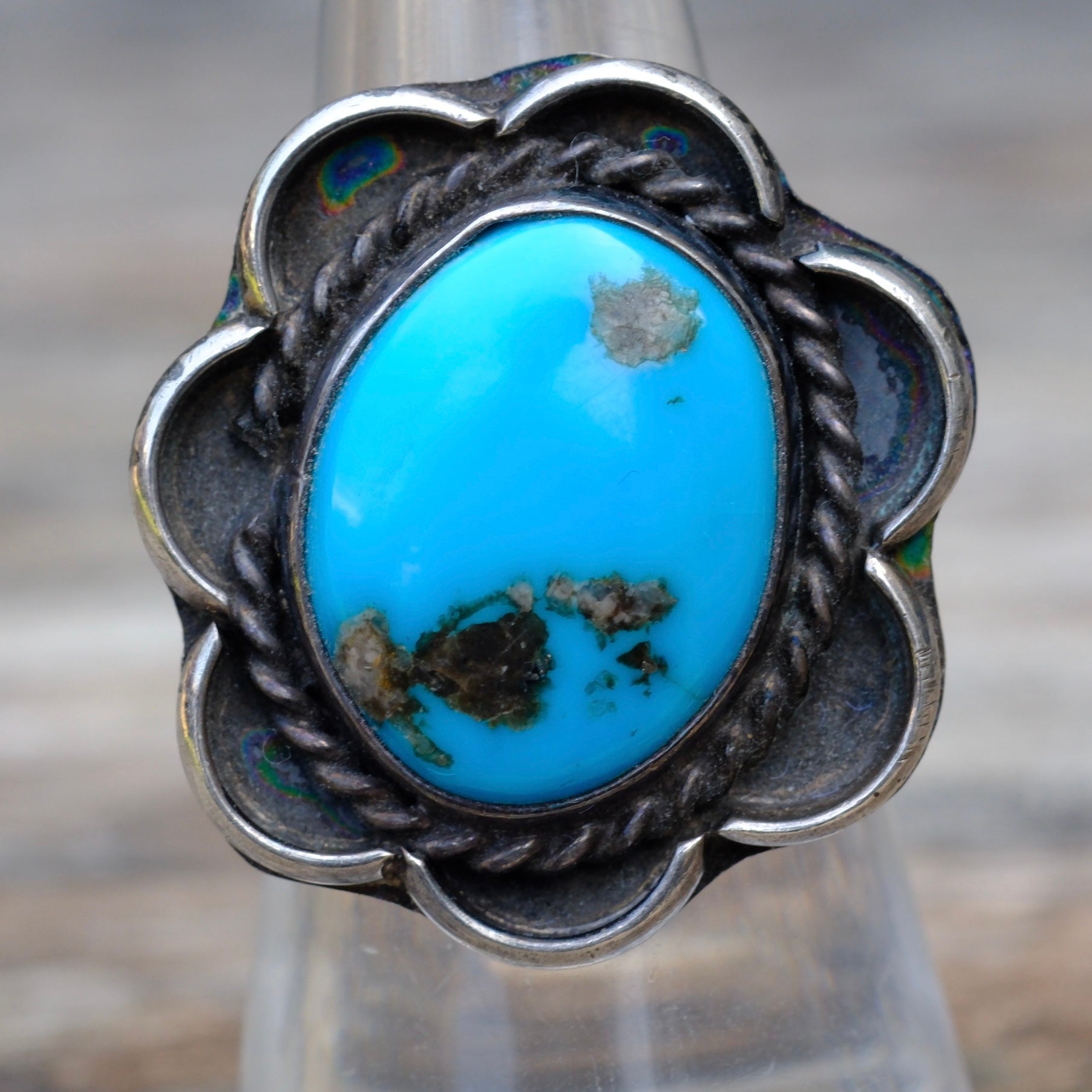 Vintage Sterling Turquoise Florette Ring 7.25