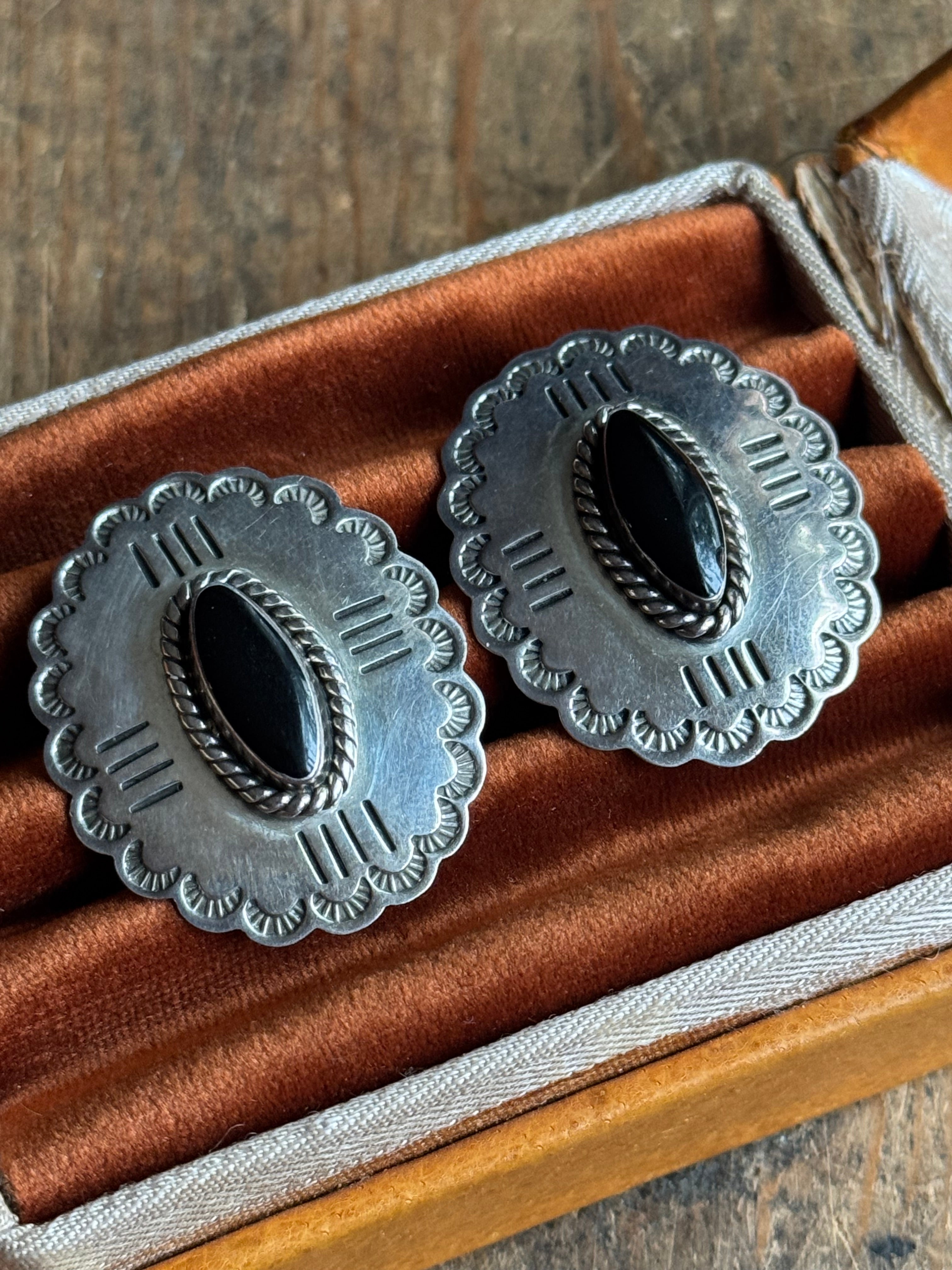 Vintage Sterling Silver Onyx Concho Earrings