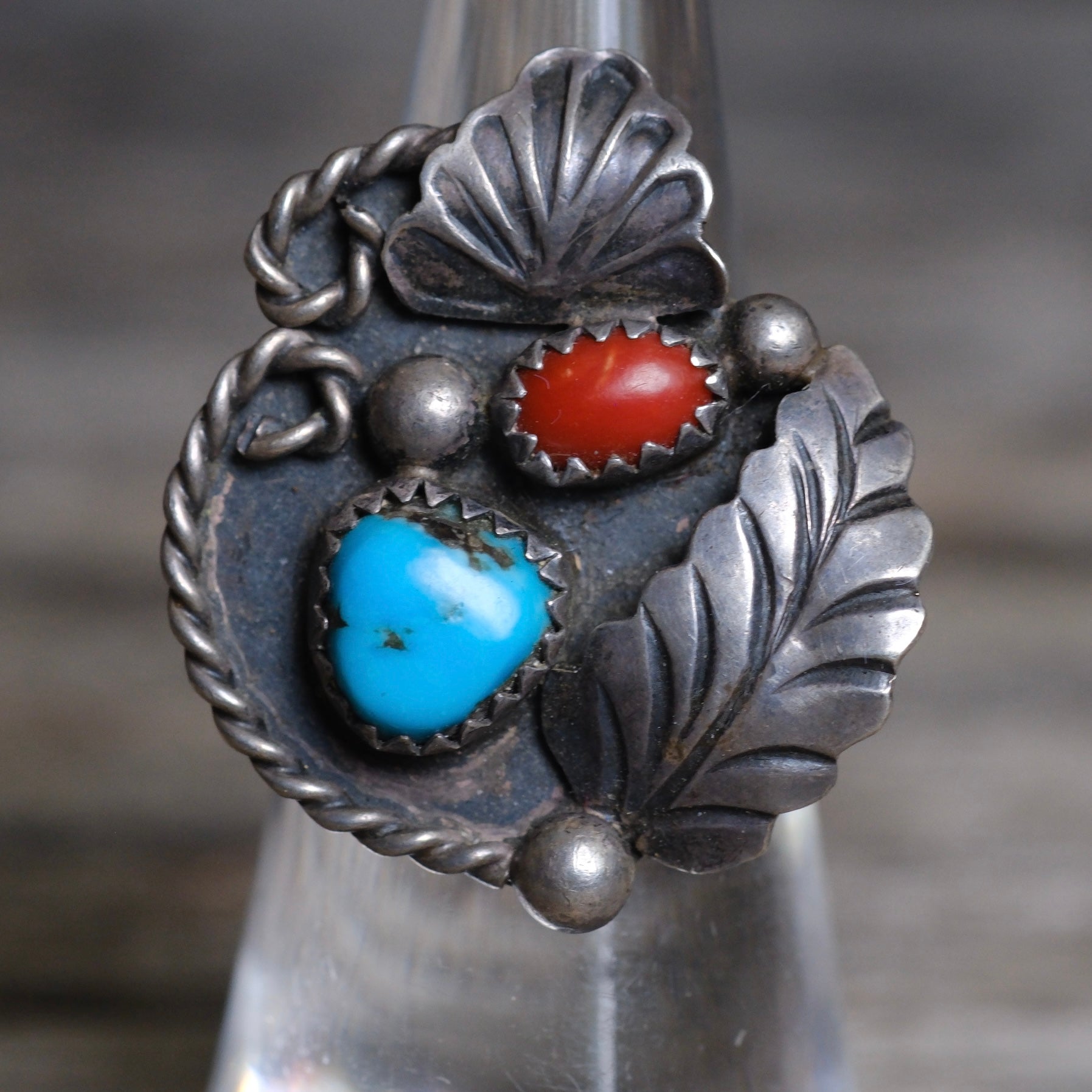 Vintage Sterling Turquoise and Coral Feather Ring 5.25