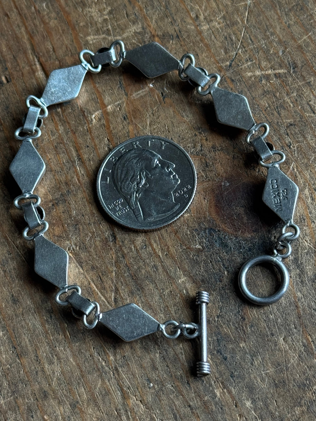 Vintage Sterling Silver Turquoise Inlay Diamond Toggle Bracelet