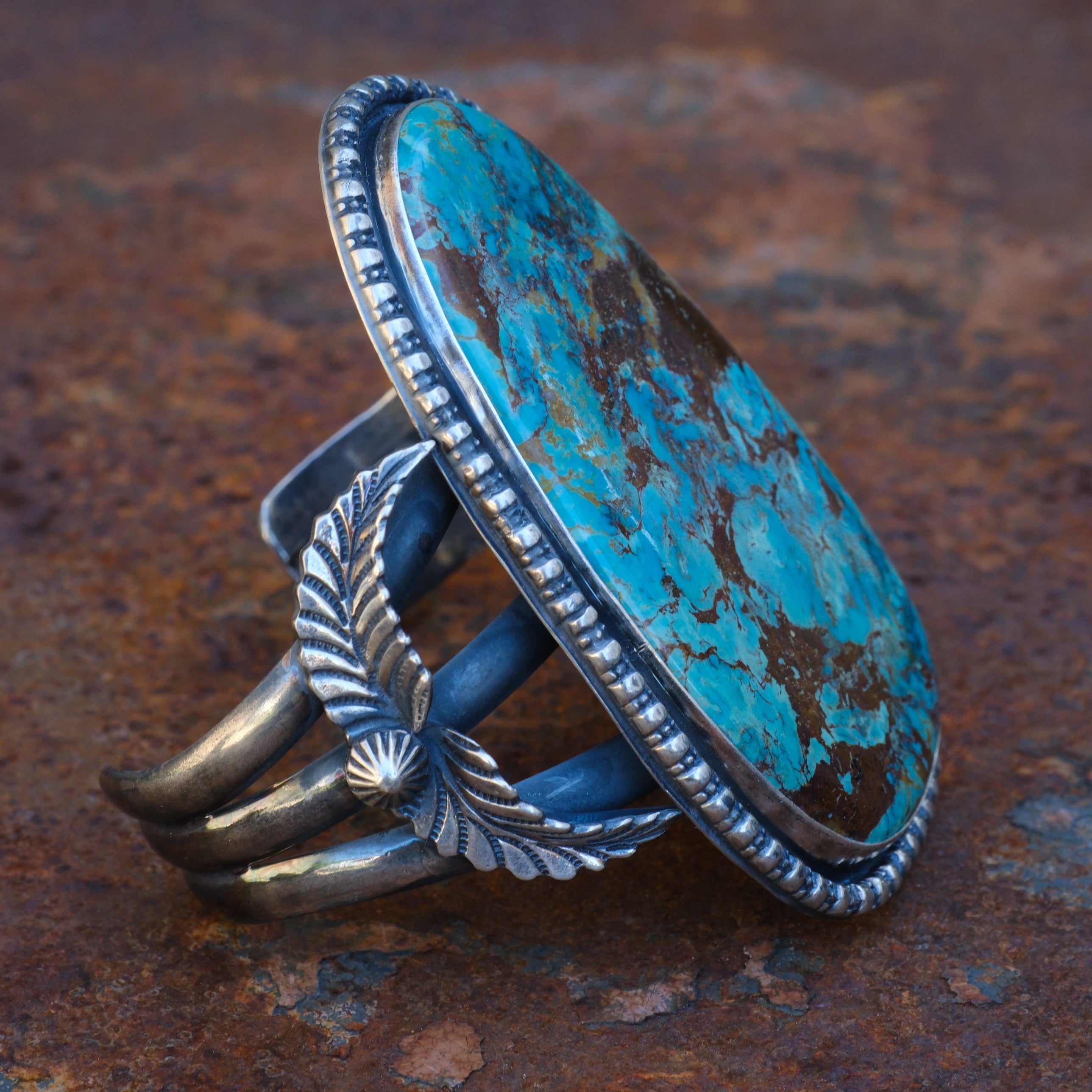 HUGE Vintage Sterling Turquoise Feather Cuff Bracelet