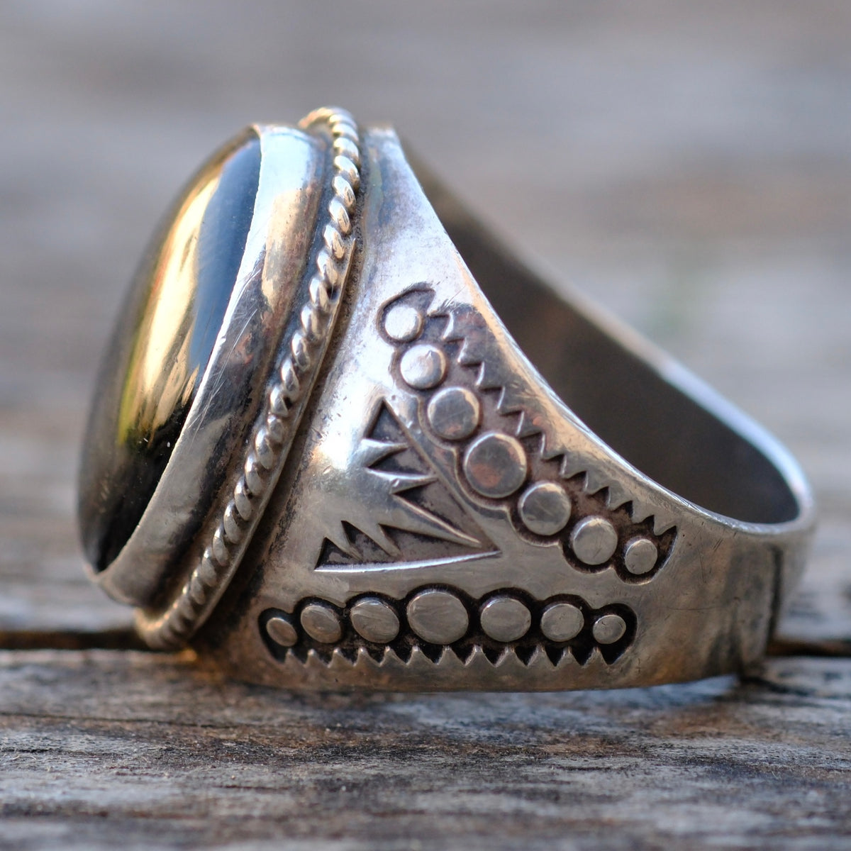 Vintage Sterling Onyx Stamped Band Ring 10.5