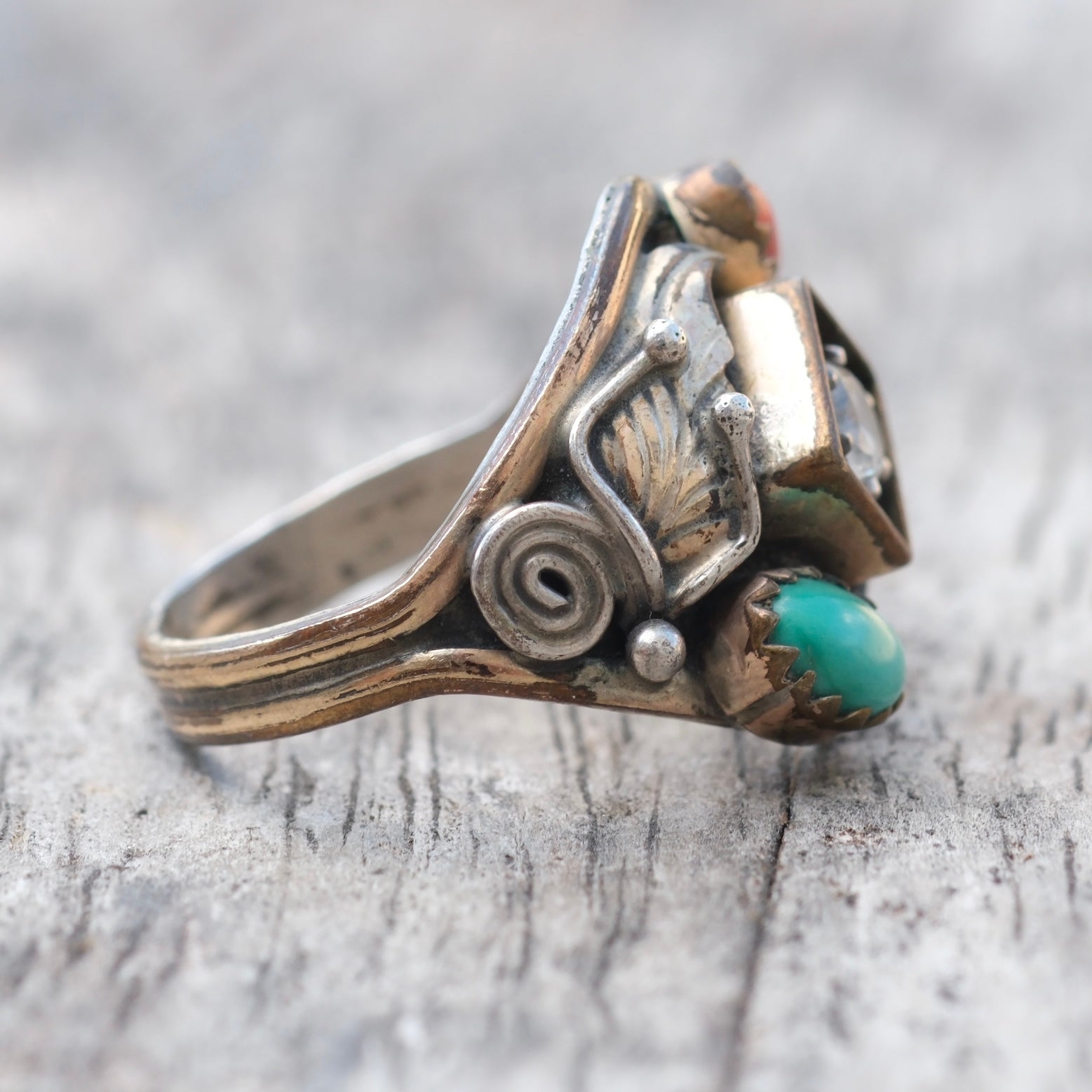 Vintage Sterling Turquoise and Coral CZ Ring 7