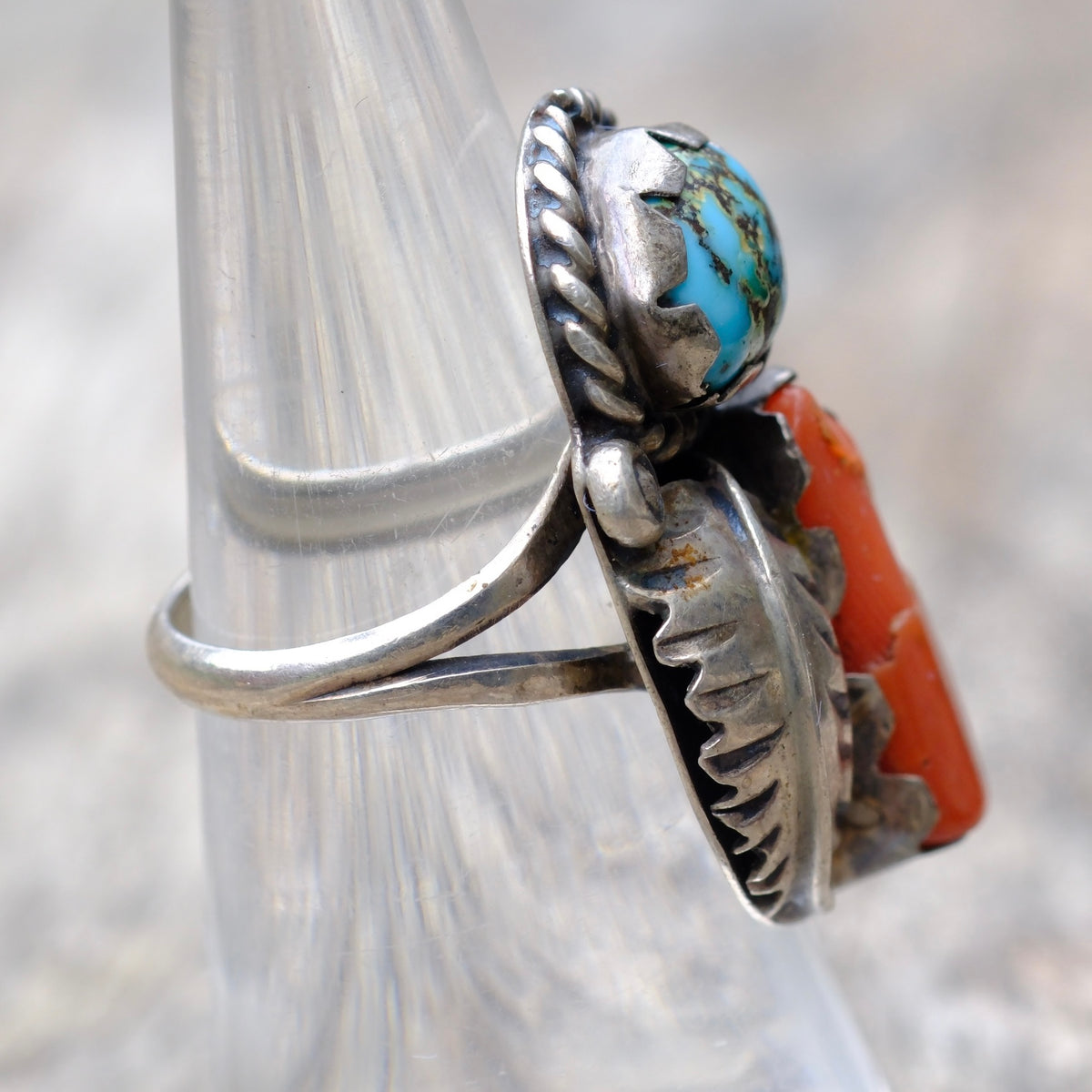 Vintage Sterling Turquoise and Coral Feather Ring 5.75