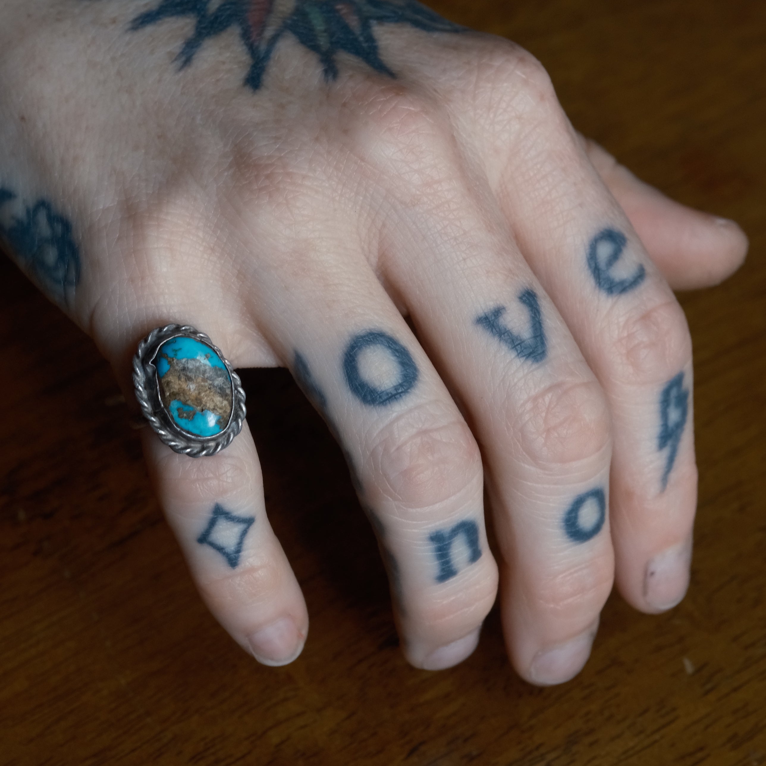 Vintage Sterling Turquoise Roper Ring 3.75