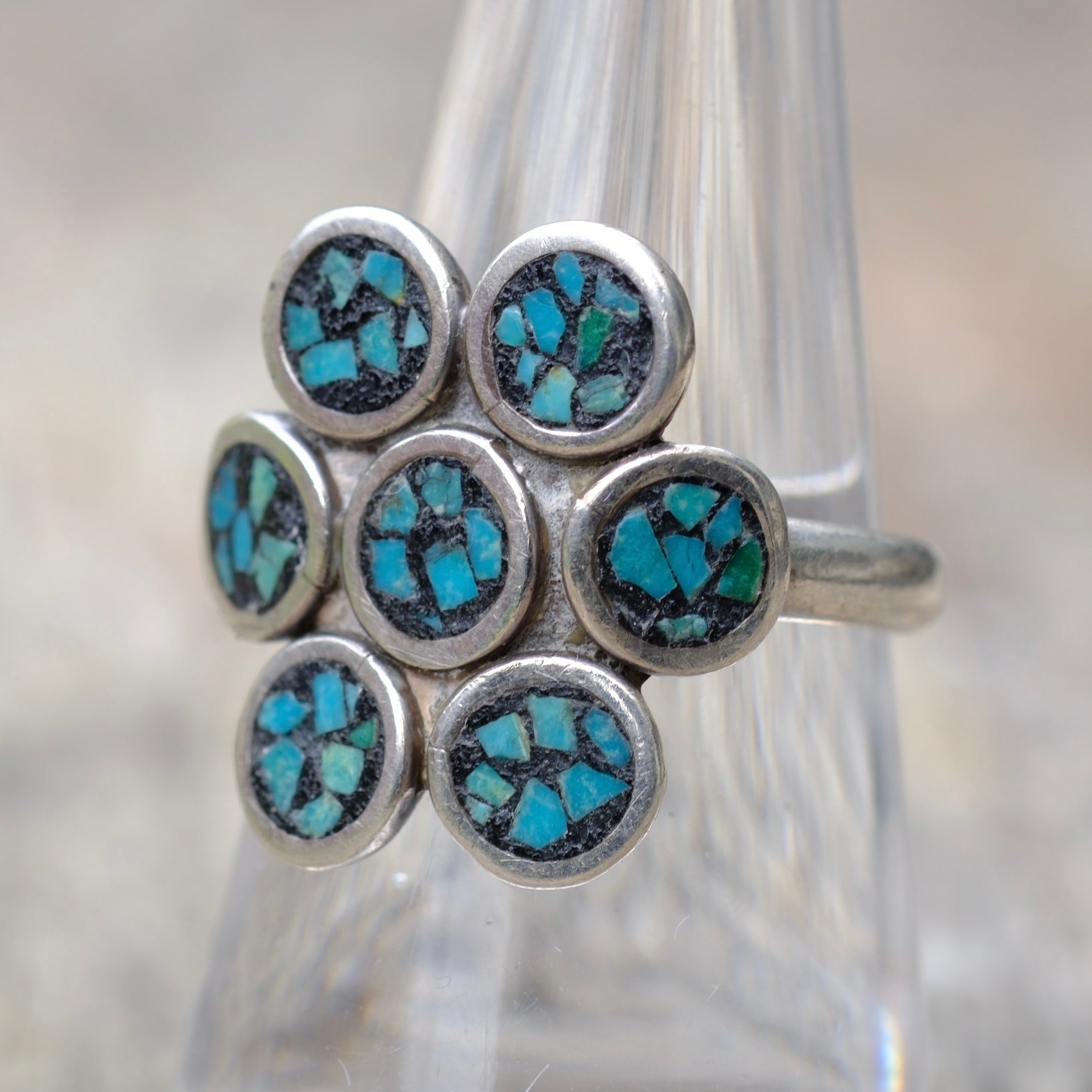 Vintage Sterling Turquoise Chip Inlay Cluster Ring 7.5