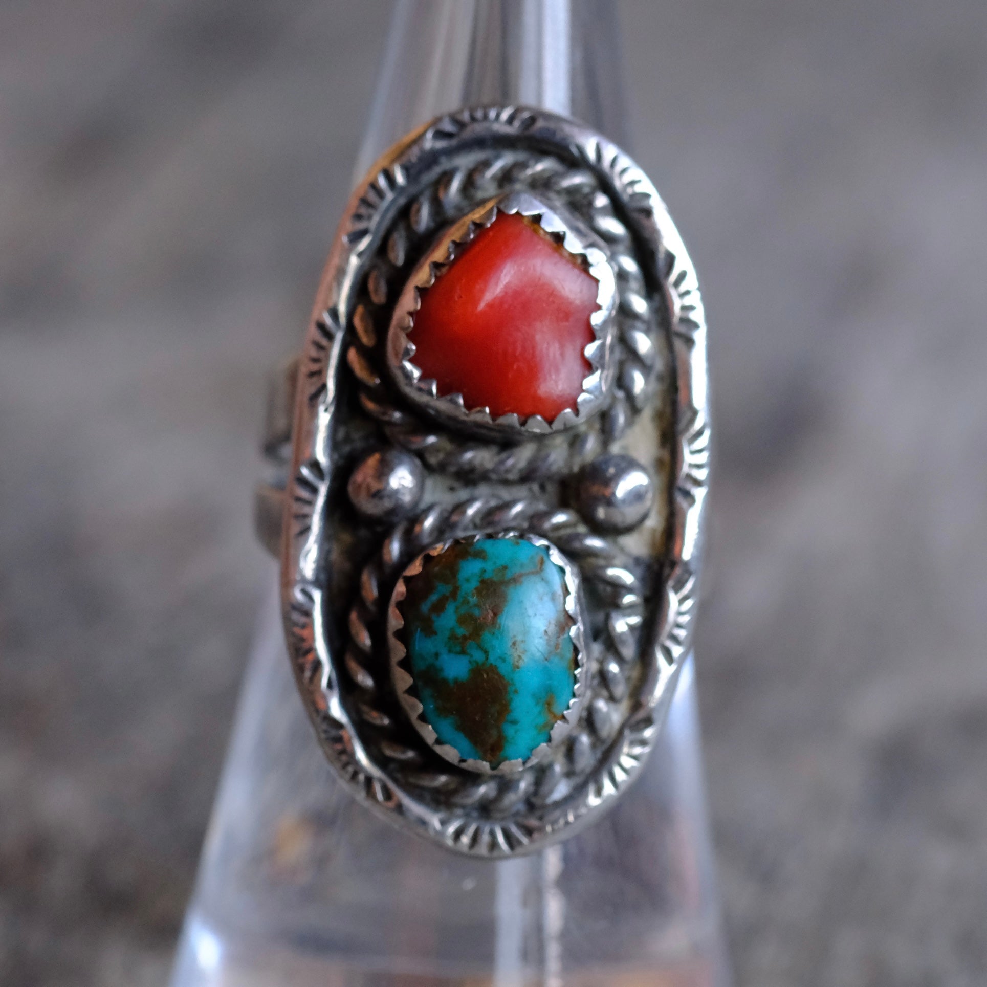 Vintage Sterling Turquoise and Coral Ring 6.75