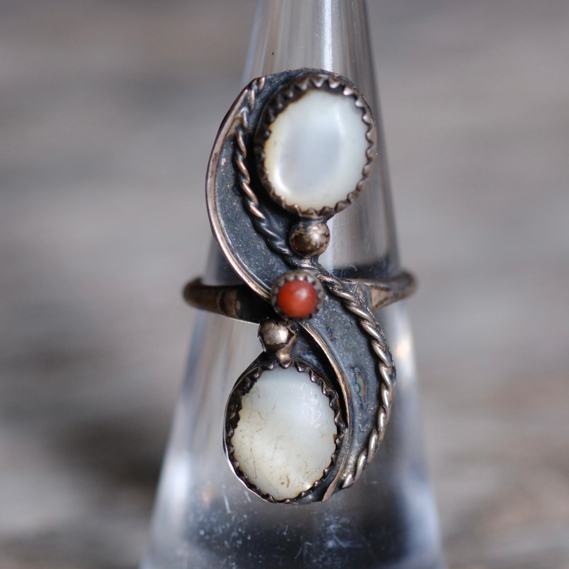 Vintage Sterling Mother Of Pearl and Coral Ring 5.25