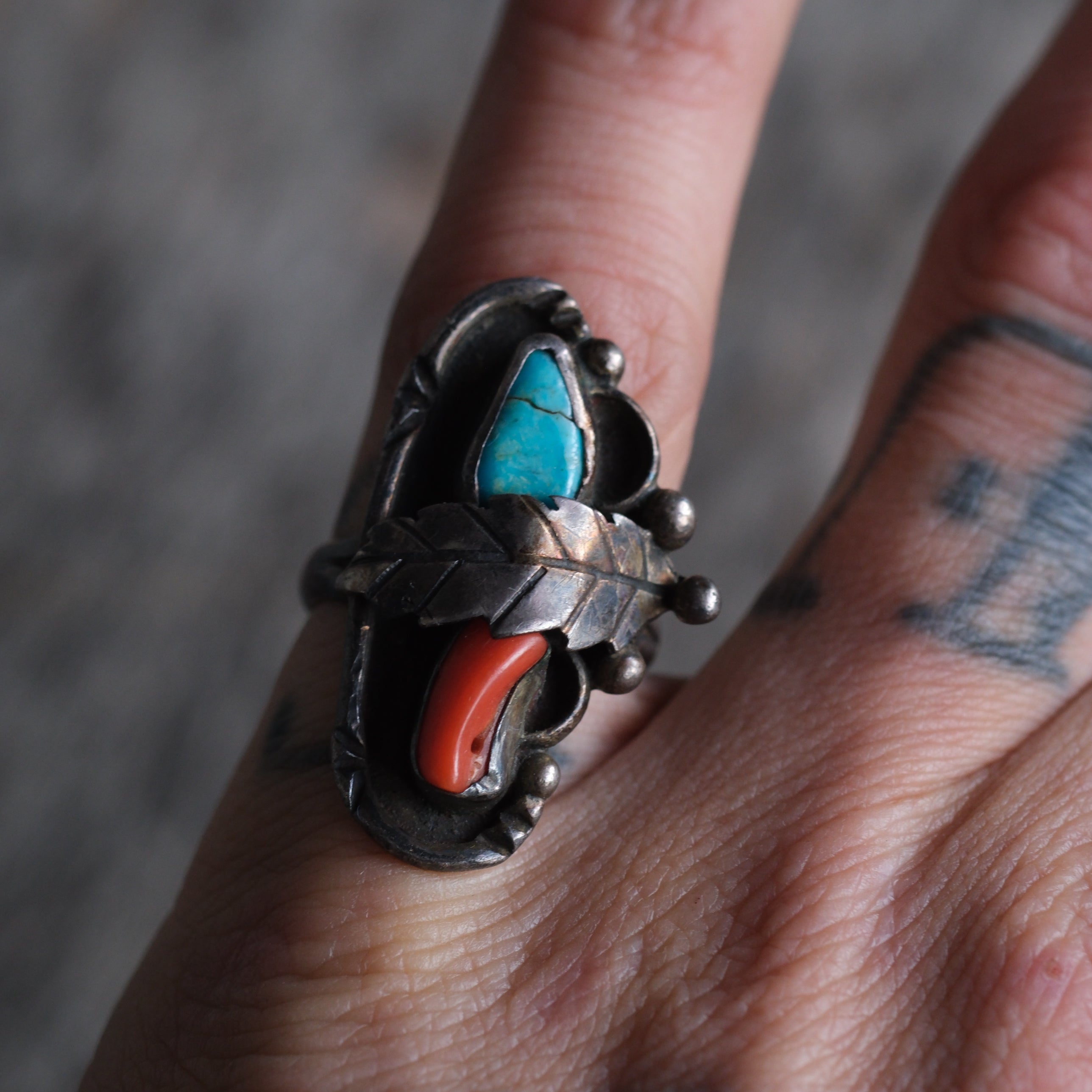 Vintage Sterling Turquoise and Coral Feather Ring 5.25