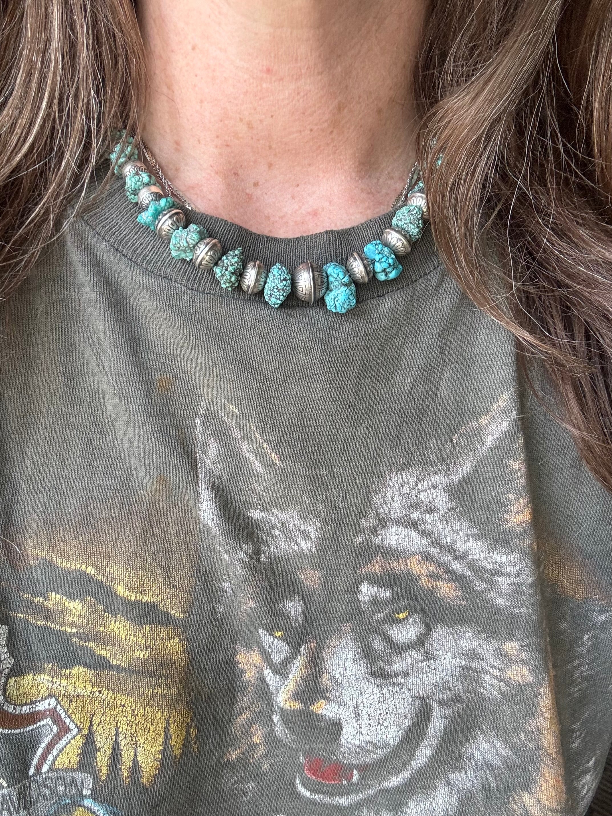 Vintage Sterling Silver Stamped Navajo Pearl & Raw Turquoise Necklace