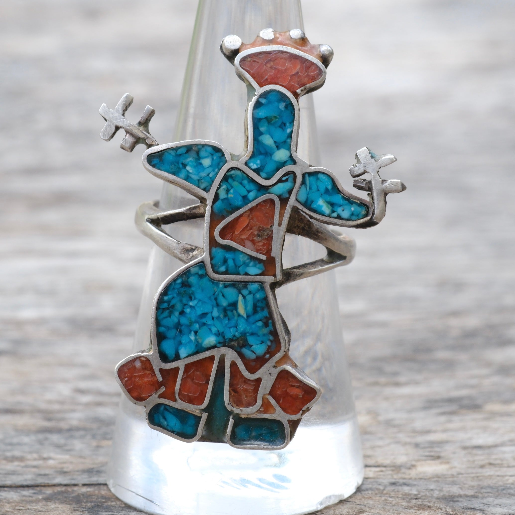 Vintage Sterling Turquoise and Coral Inlay Dancer Ring 7.25