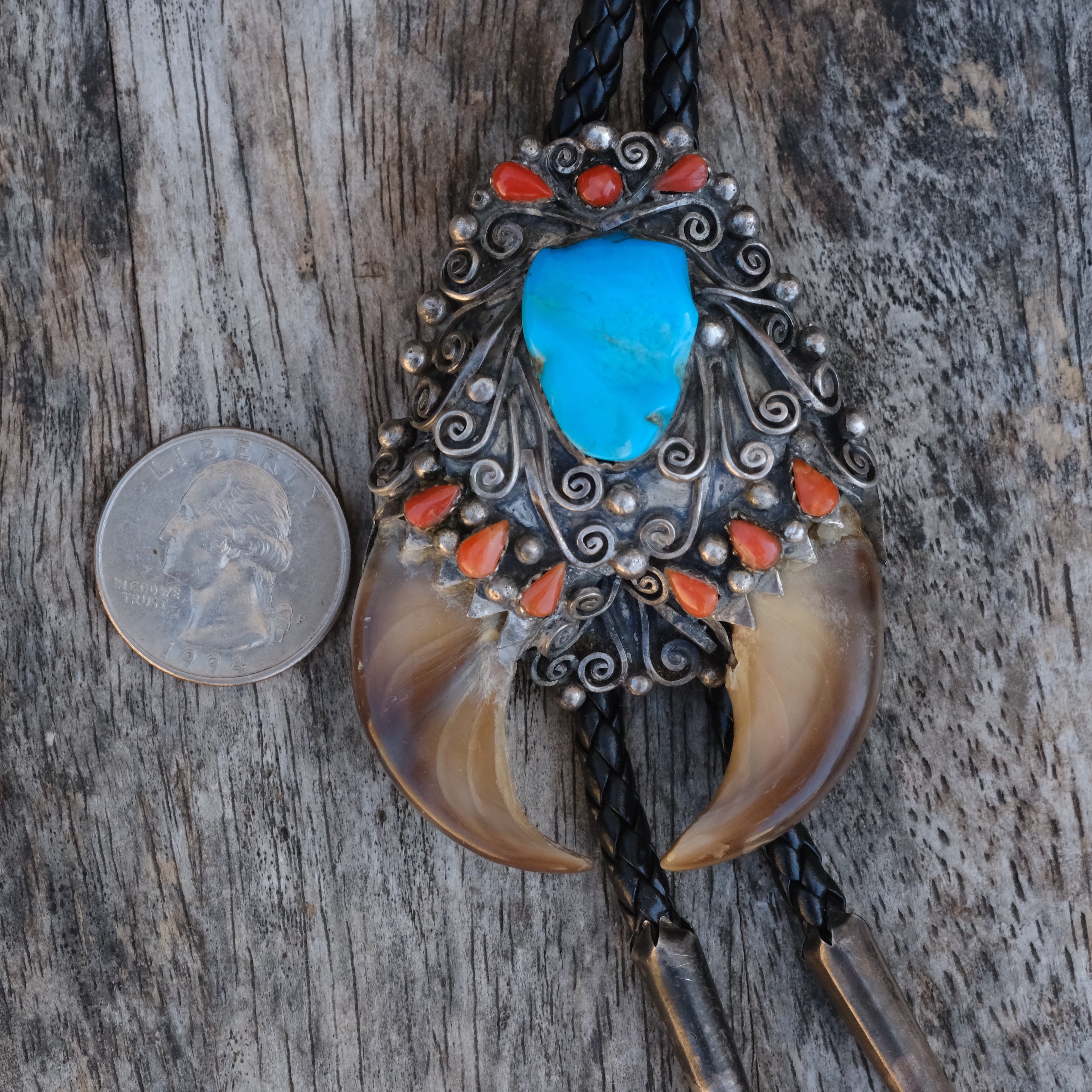 Vintage Sterling Turquoise and Coral Double Bear Claw Bolo TIe