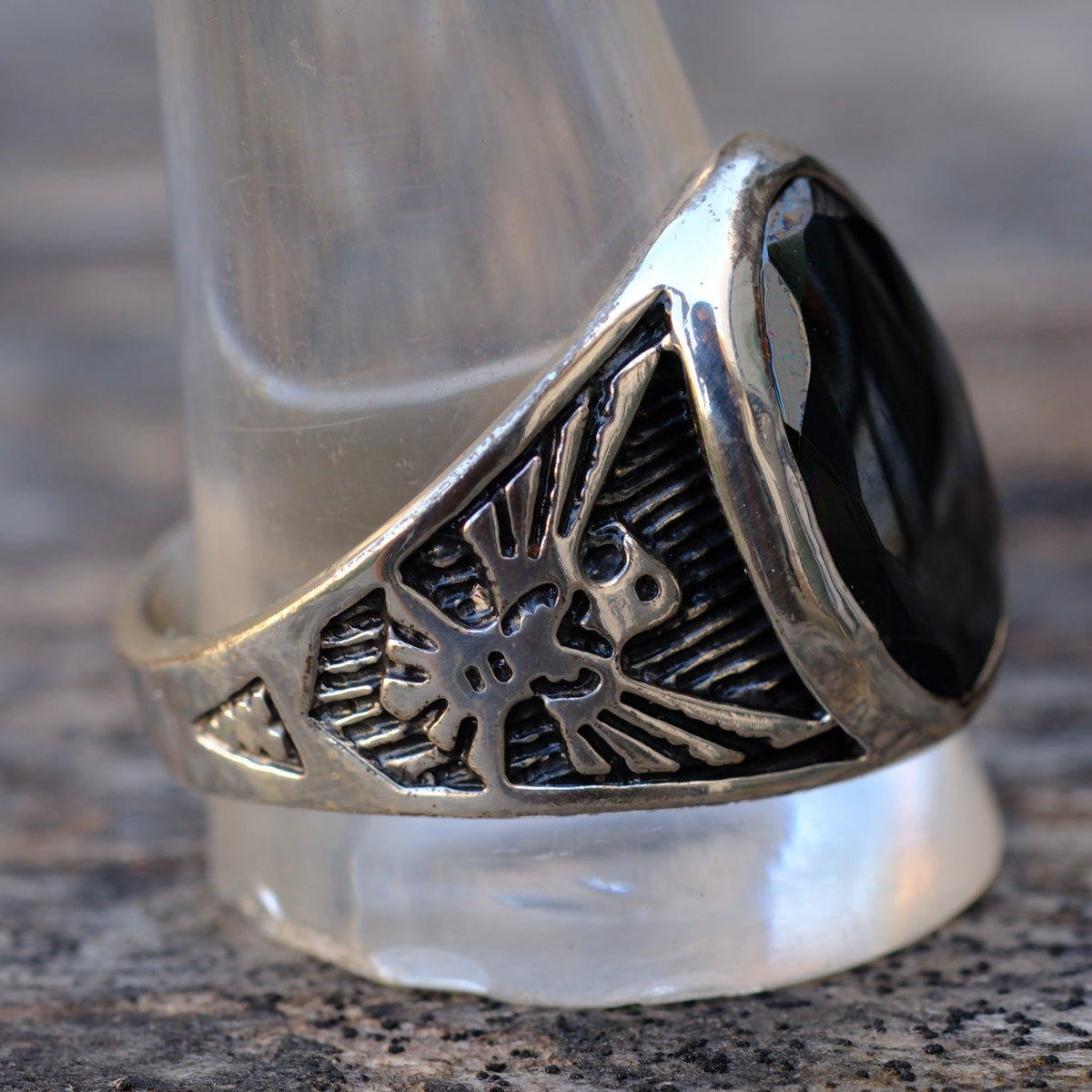 Vintage Sterling Hematite Thunderbird Ring 13.75