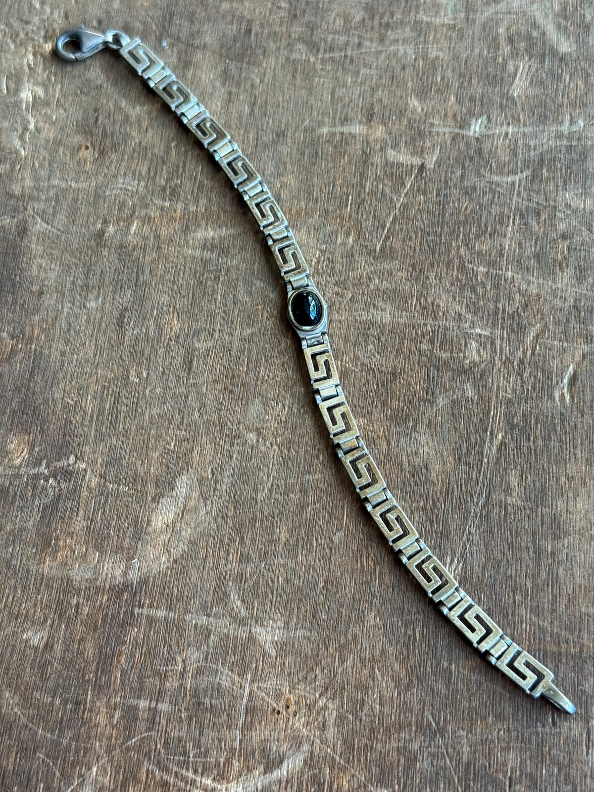Vintage Sterling Silver 7.25” Onyx Grecian Link Bracelet