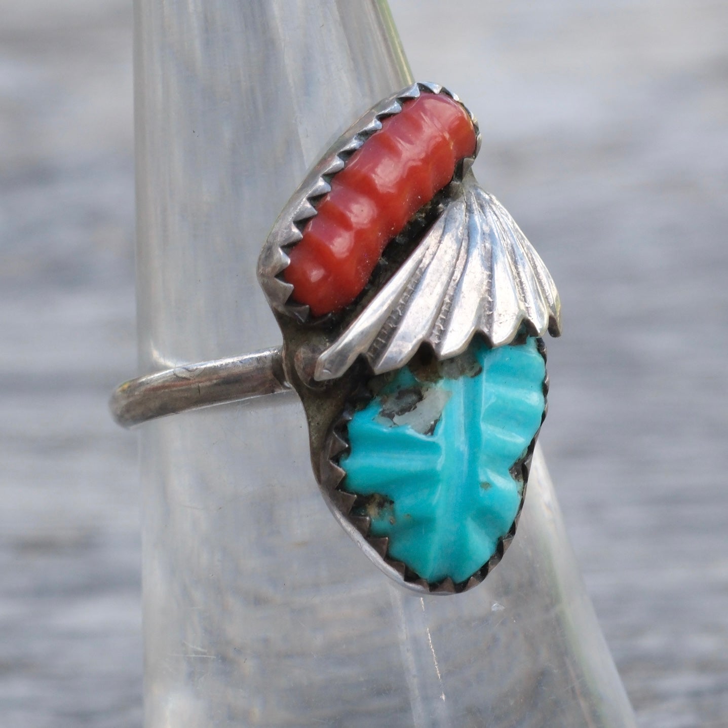 Vintage Sterling Carved Turquoise and Coral Feather Ring 6.5