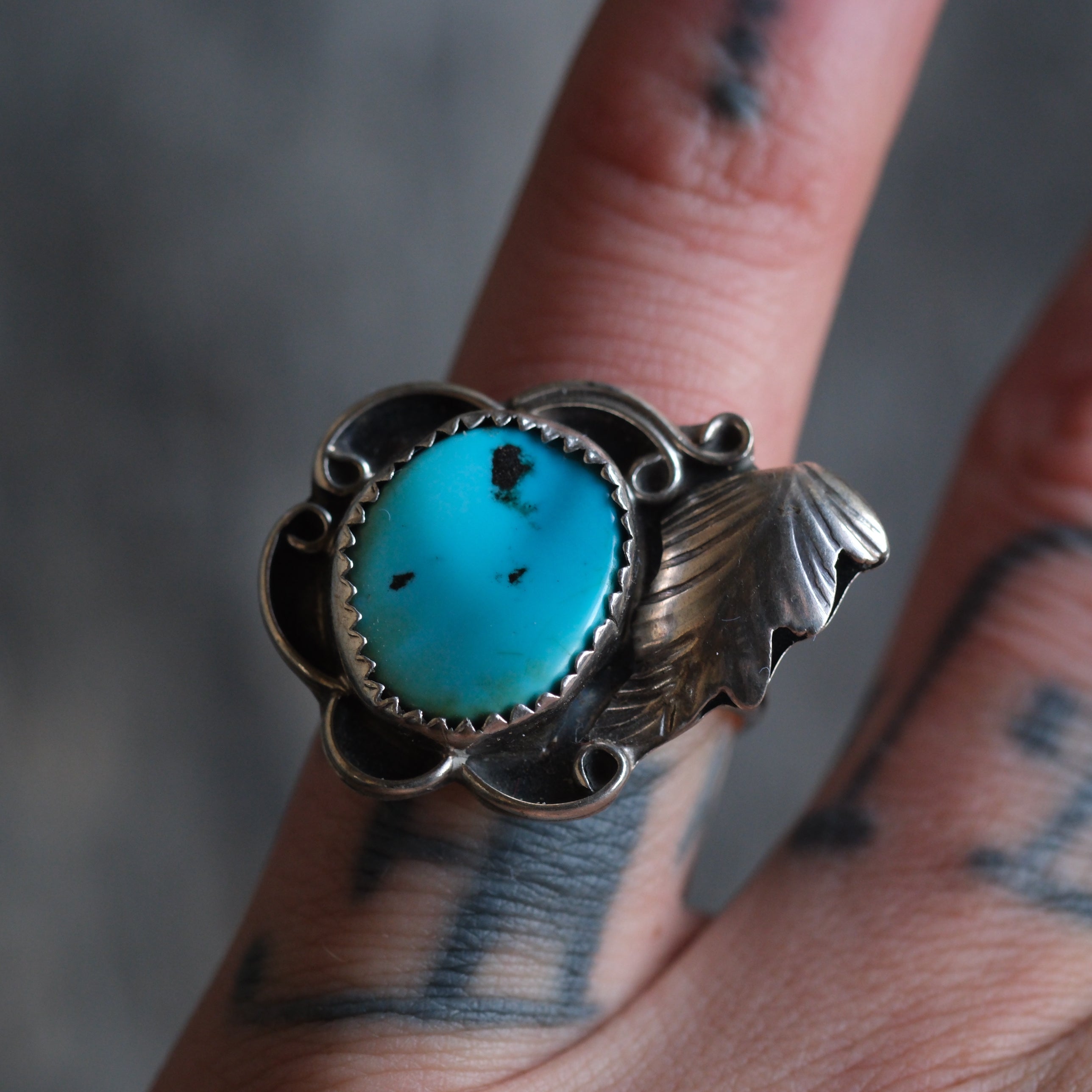 Vintage Sterling Turquoise Feather Ring 5.5