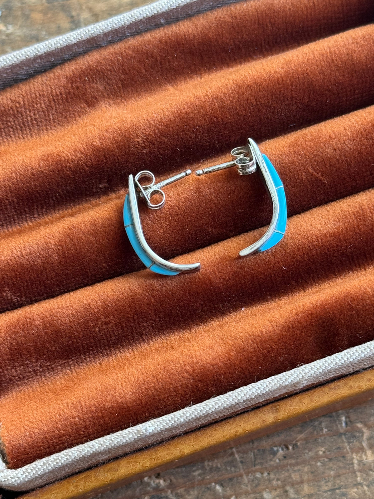 Vintage Sterling Silver Turquoise Inlay Crescent Hoops