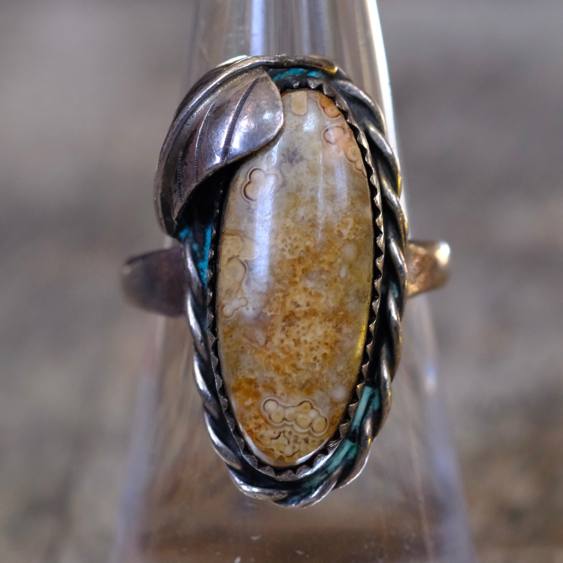 Vintage Sterling Jasper Feather Ring 7