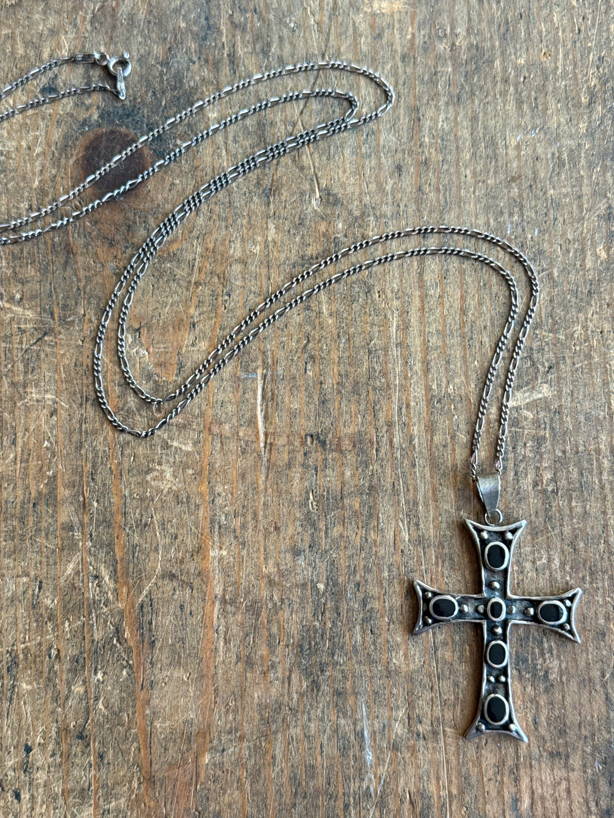 Vintage Sterling Silver Onyx Inlay Cross Necklace