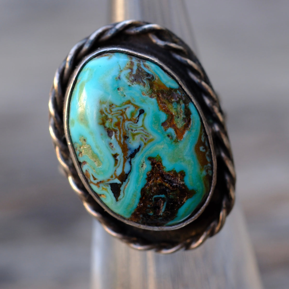 Vintage Sterling Turquoise Roper Ring 5