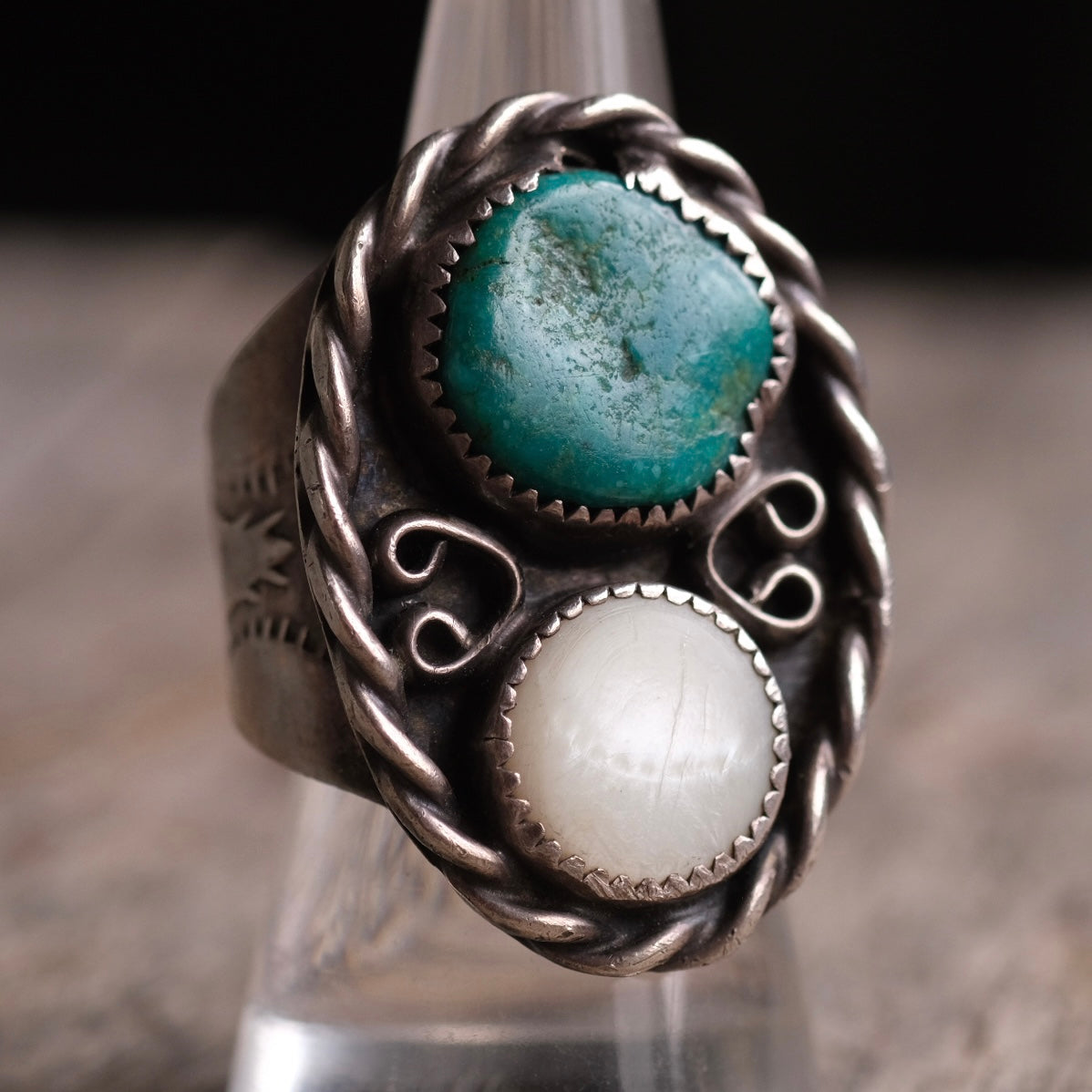 Vintage Sterling Turquoise and Mother Of Pearl Ring 9.5