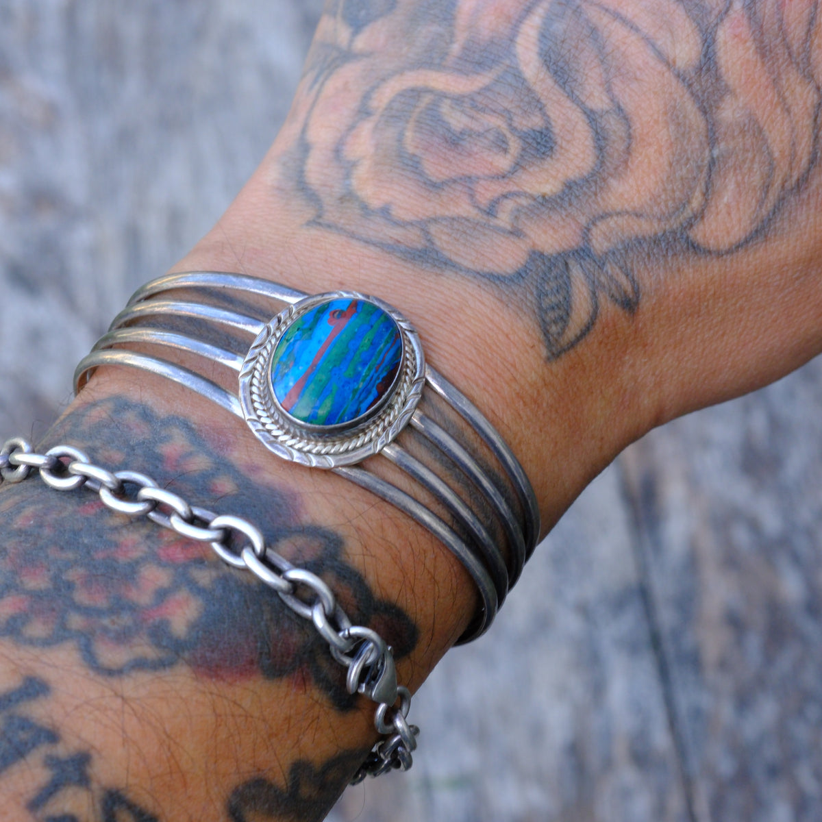 Vintage Sterling Rainbow Calsillica Cuff Bracelet