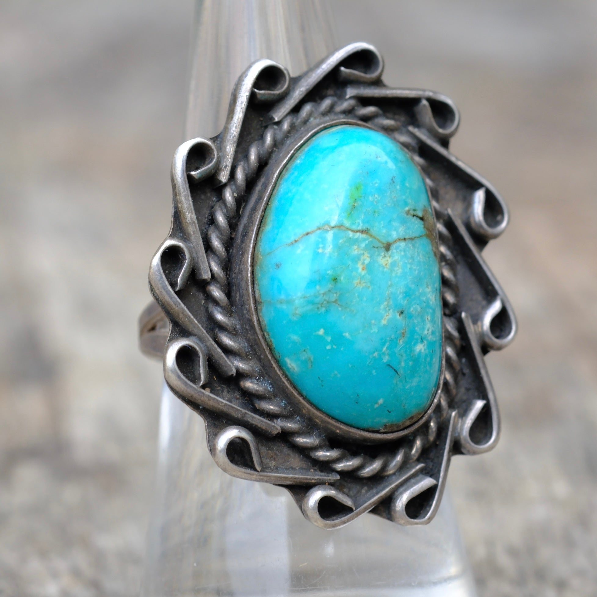 Vintage Sterling Turquoise Florette Ring 7.75