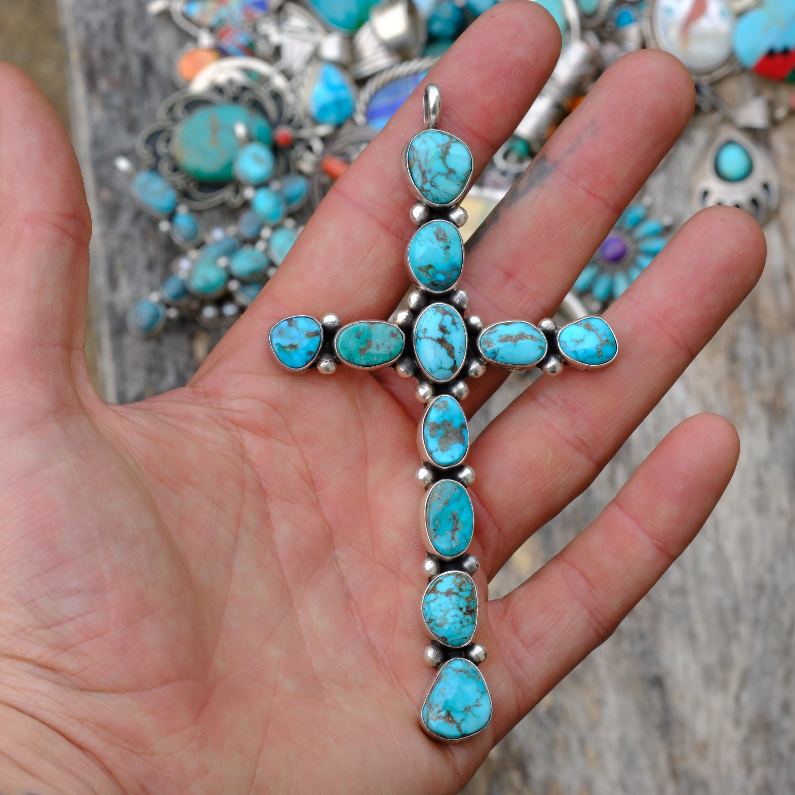 HUGE Vintage Sterling Turquoise Cluster Cross Pendant