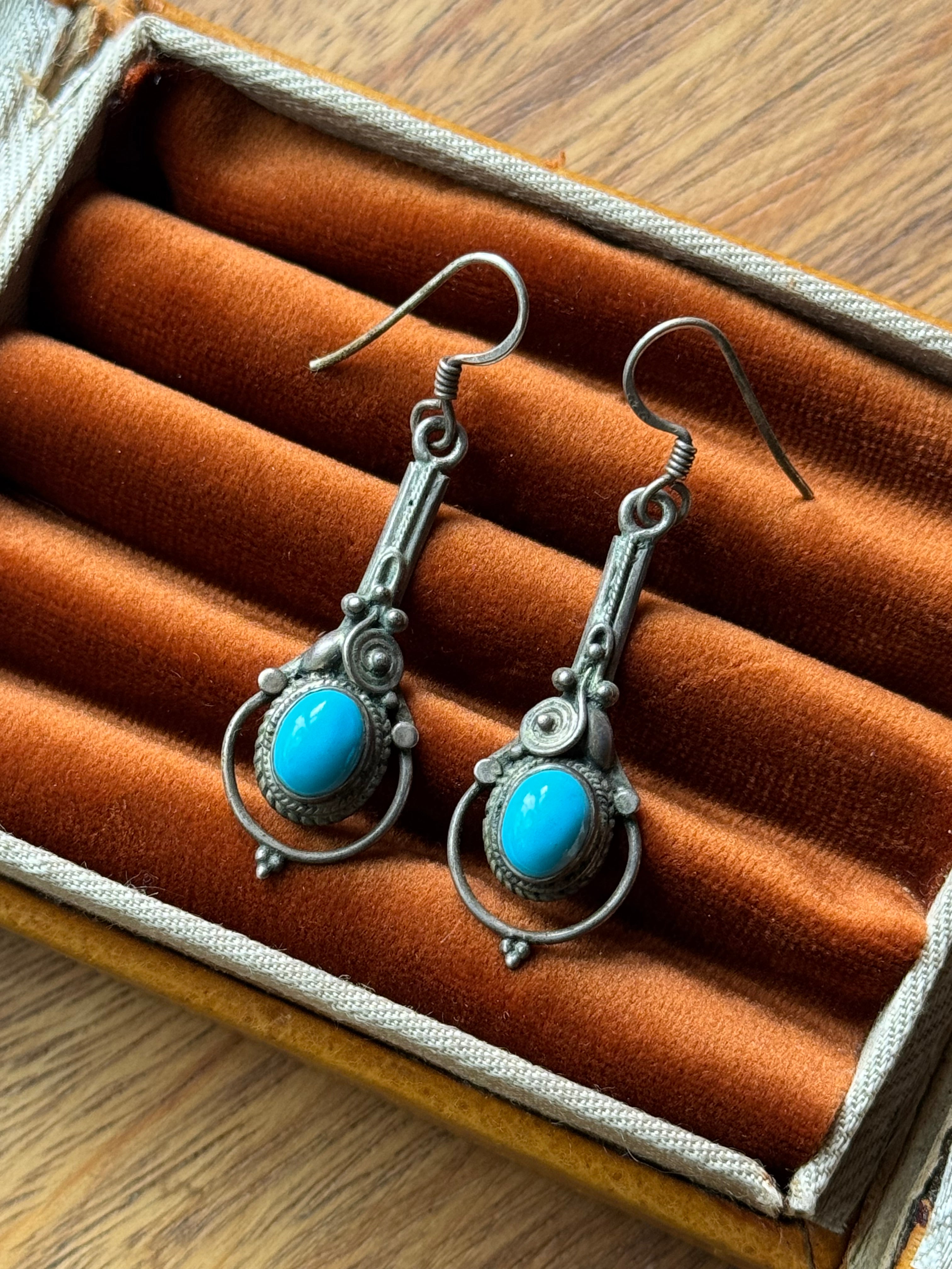 Vintage Sterling Silver Turquoise Filigree Earrings