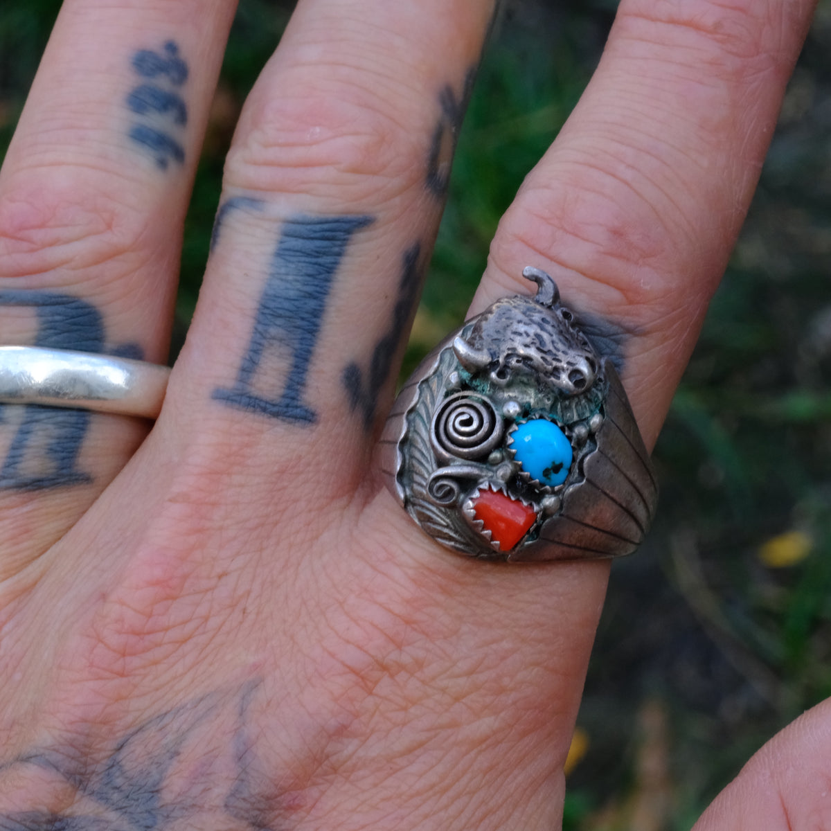 Vintage Sterling Turquoise and Coral Buffalo Ring 13.25