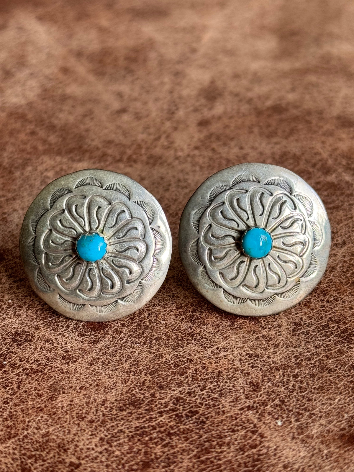 Vintage Sterling Silver Stamped Turquoise Concho Cufflinks