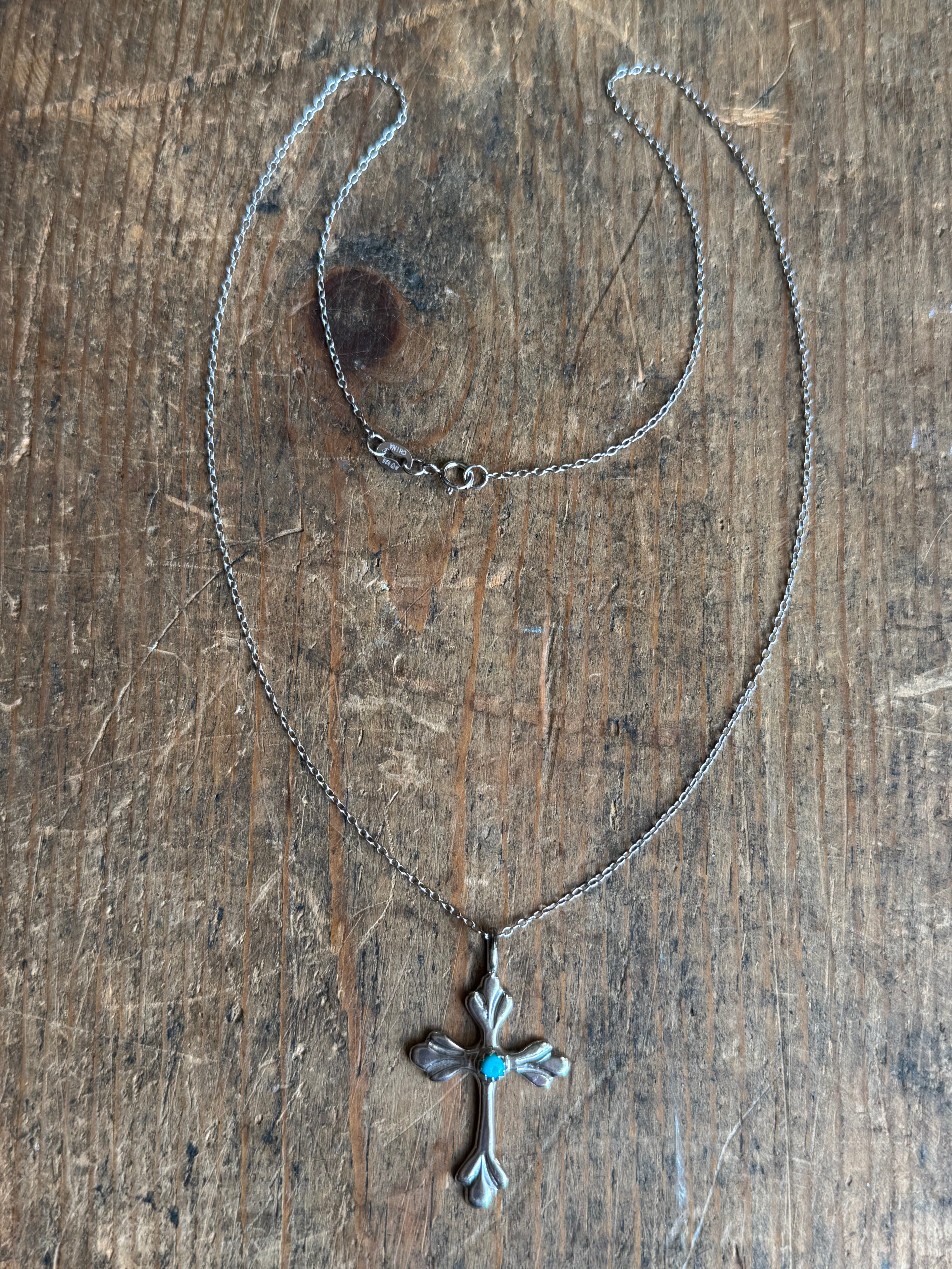 Vintage Sterling Silver Turquoise Cross 18" Necklace