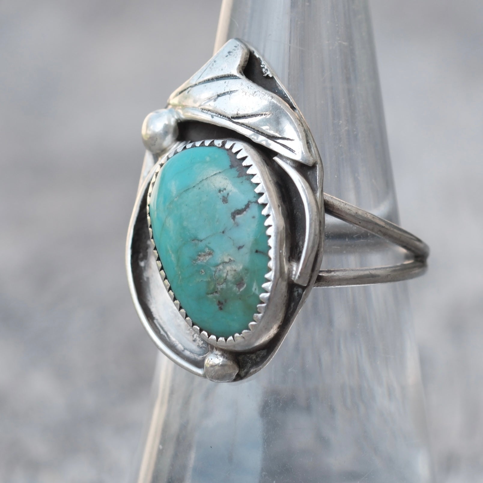 Vintage Sterling Turquoise Feather Ring 6.75