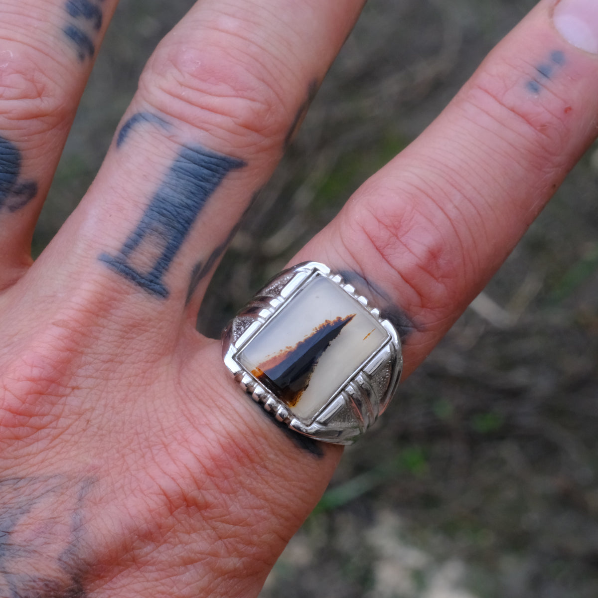 Vintage Sterling Agate Signet Ring 10