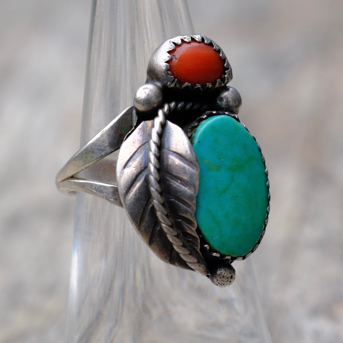 Vintage Sterling Turquoise and Coral Feather Ring 6.75