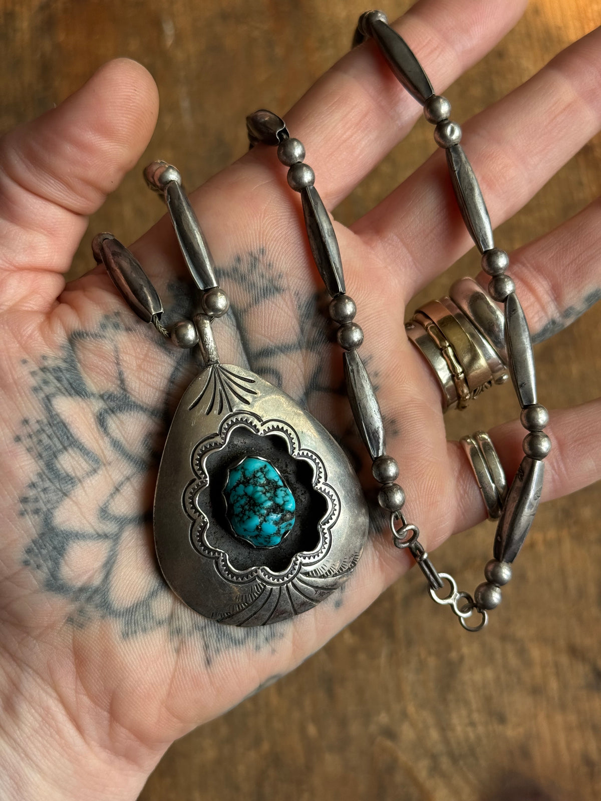 Vintage Sterling Silver Stamped Raw Turquoise Shadowbox Necklace